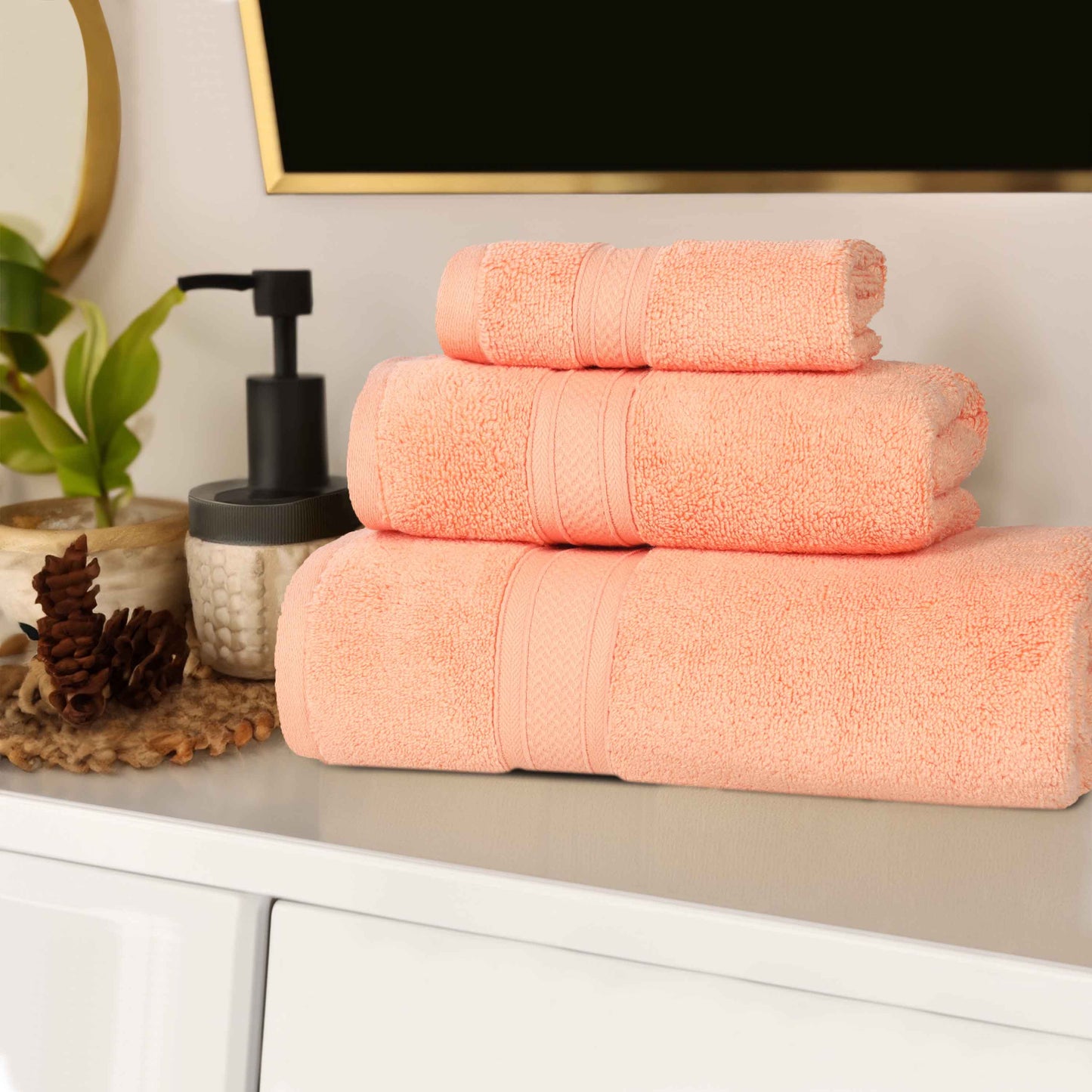 Chevron Zero Twist Solid Soft Absorbent Cotton 3 Piece Towel Set - Peach