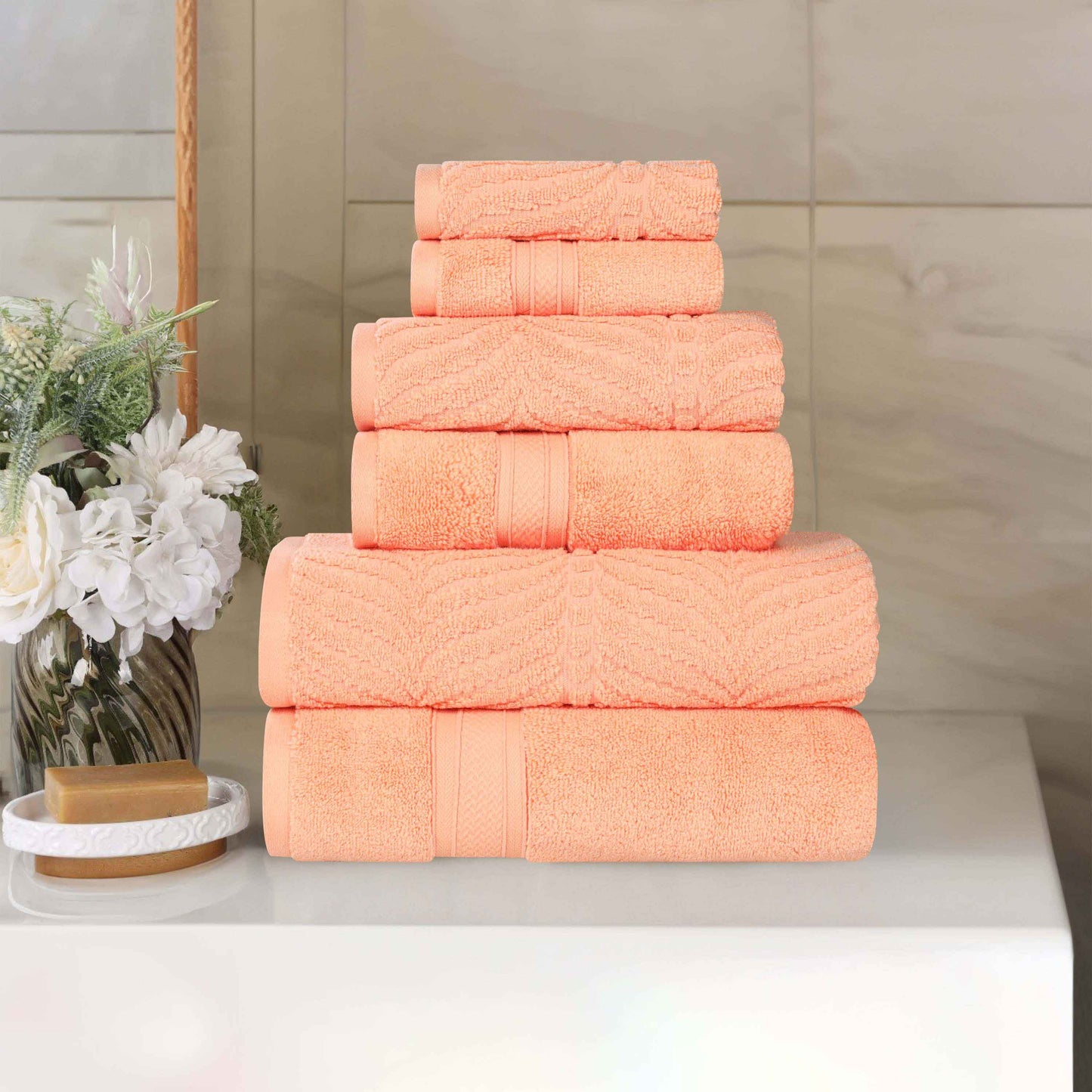 Chevron Zero Twist Solid and Jacquard Soft Cotton 6 Piece Towel Set - Peach