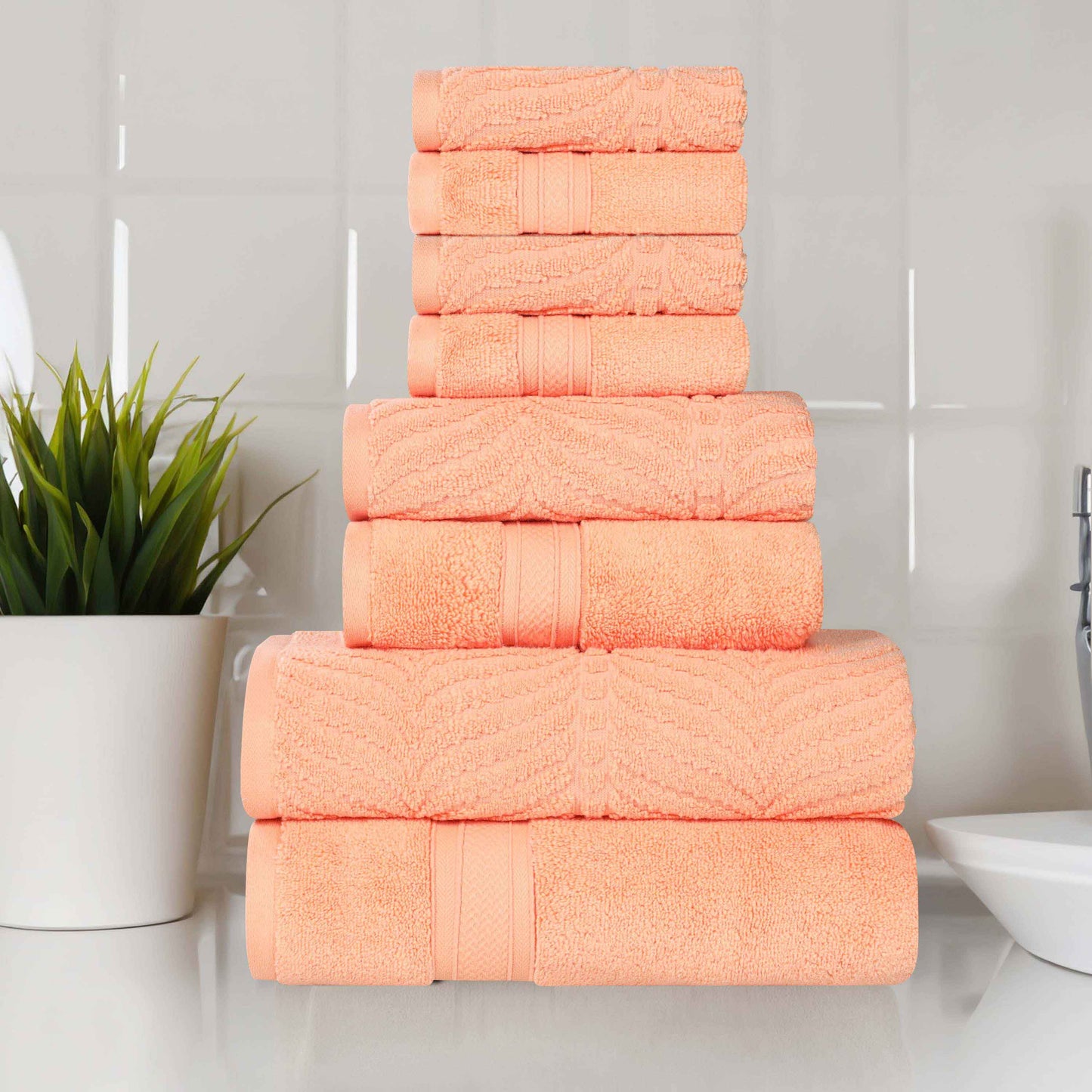 Chevron Zero Twist Solid and Jacquard Cotton 8 Piece Towel Set - Peach