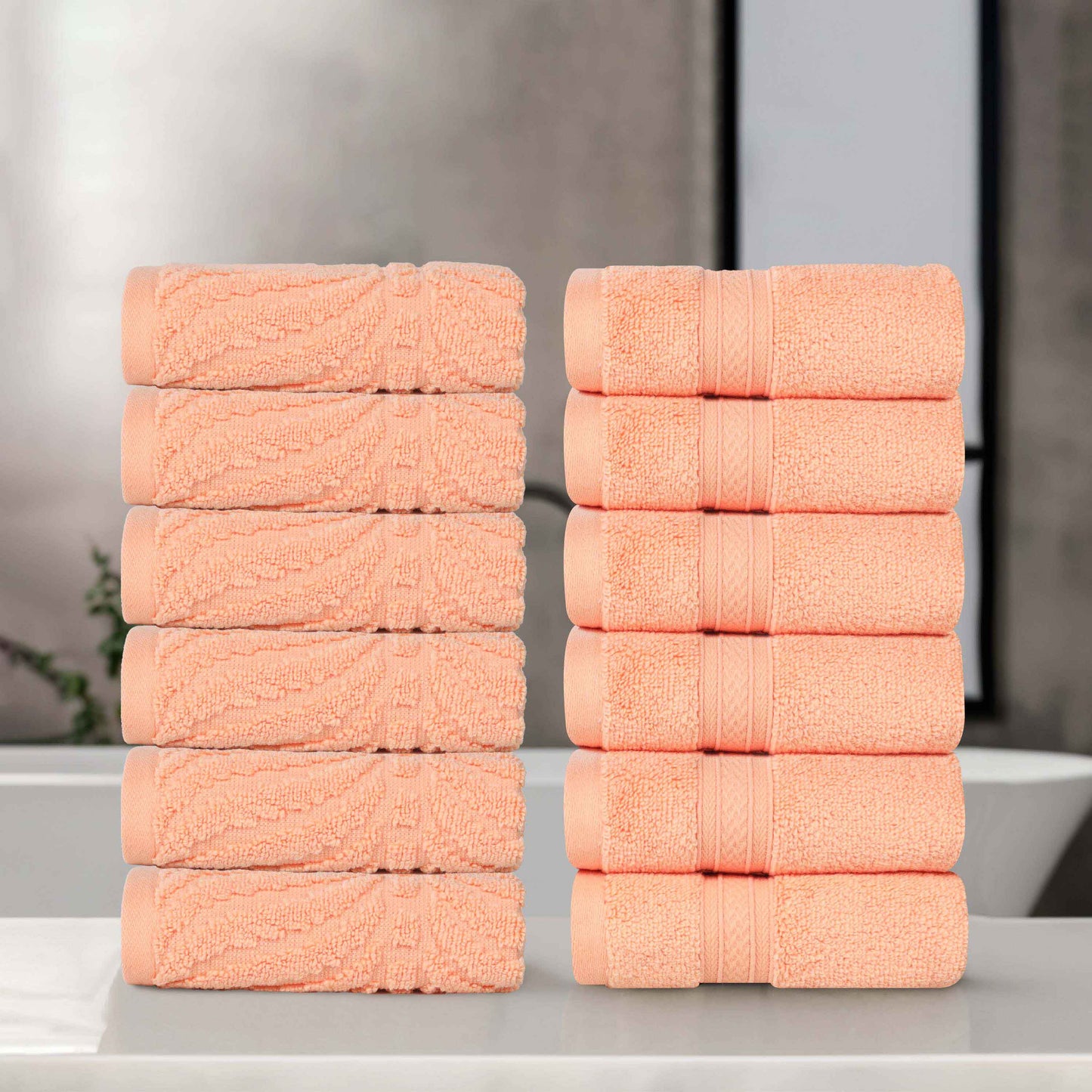 Chevron Zero Twist Solid and Jacquard Soft Cotton Washcloth Set of 12 - Peach