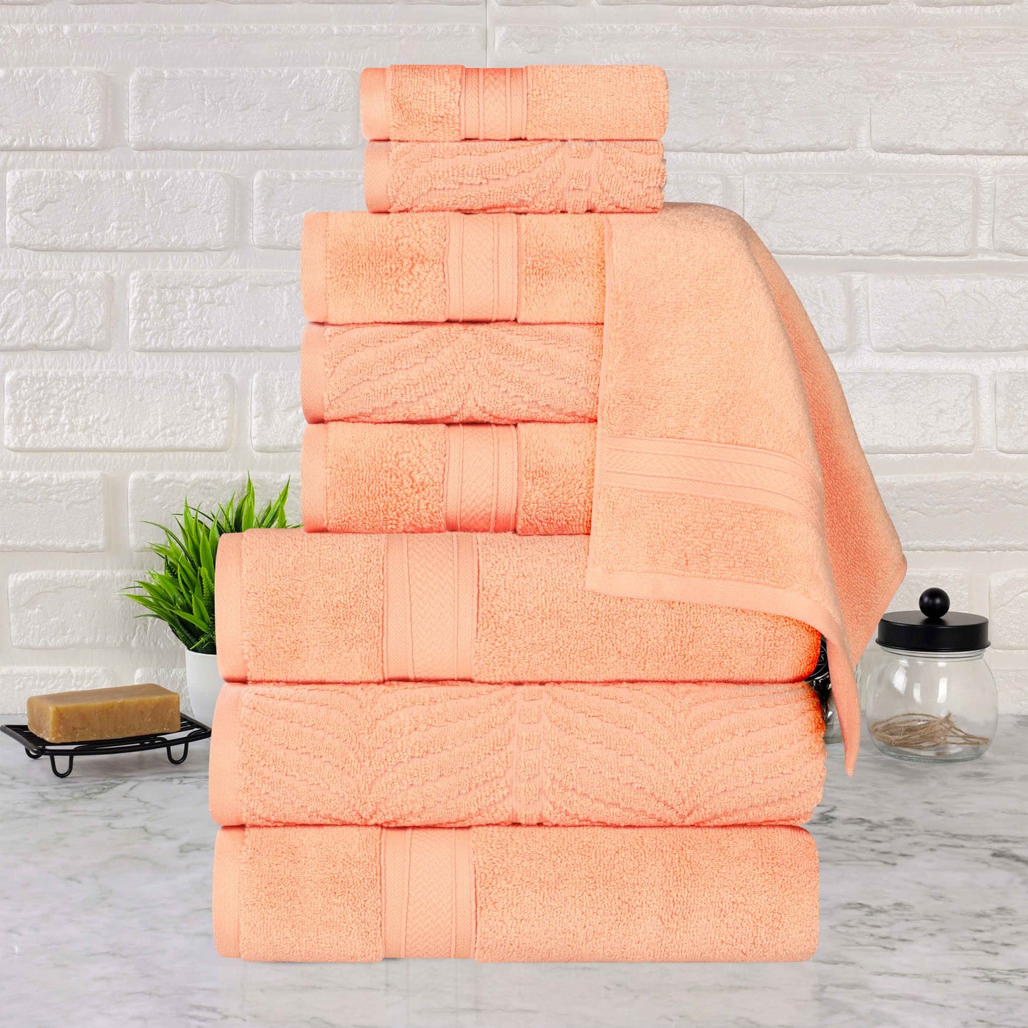 Chevron Zero Twist Solid and Jacquard Cotton 9 Piece Towel Set - Peach