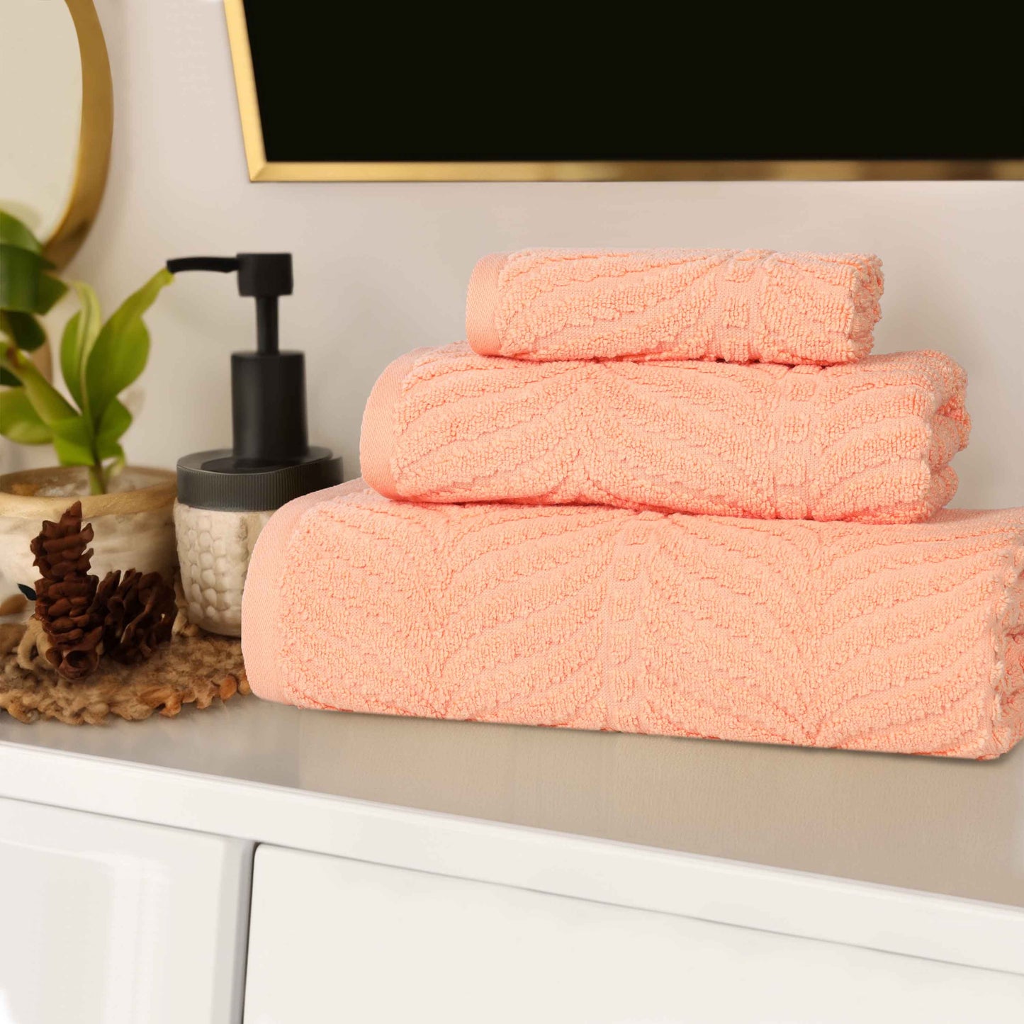 Chevron Zero Twist Jaquard Cotton 3 Piece Bathroom Towel Set - Peach