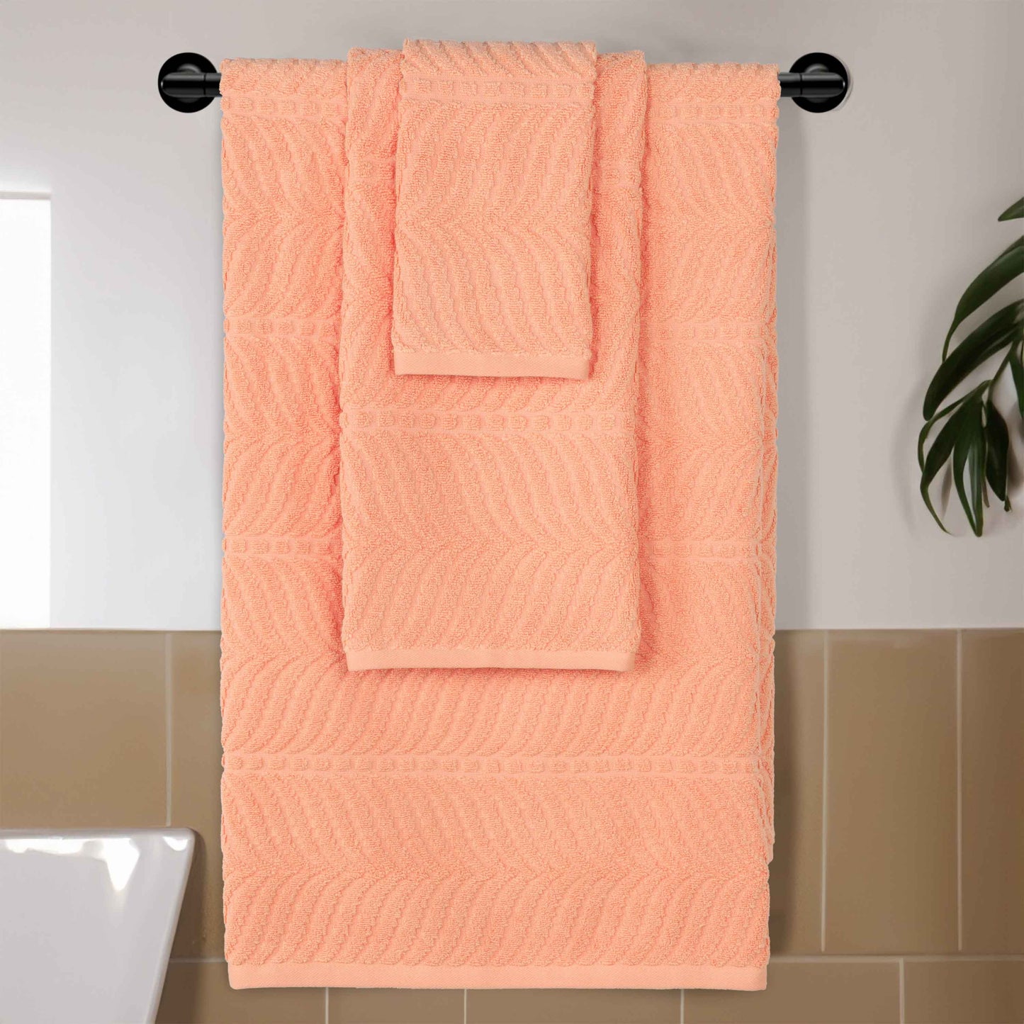 Chevron Zero Twist Jaquard Cotton 3 Piece Bathroom Towel Set - Peach