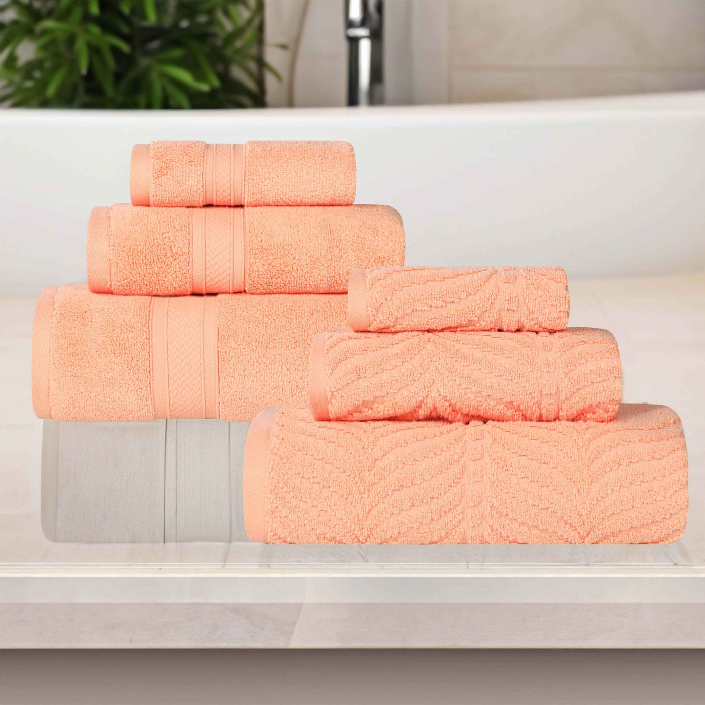 Chevron Zero Twist Solid and Jacquard Soft Cotton 6 Piece Towel Set - Peach