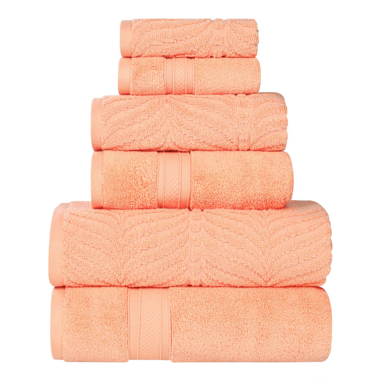 Chevron Zero Twist Solid and Jacquard Soft Cotton 6 Piece Towel Set - Peach