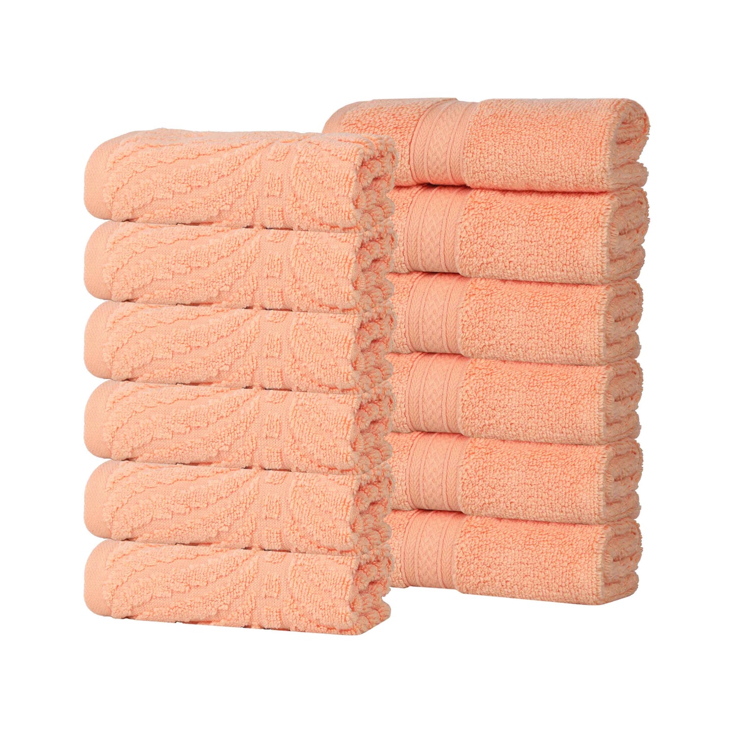 Chevron Zero Twist Solid and Jacquard Soft Cotton Washcloth Set of 12 - Peach