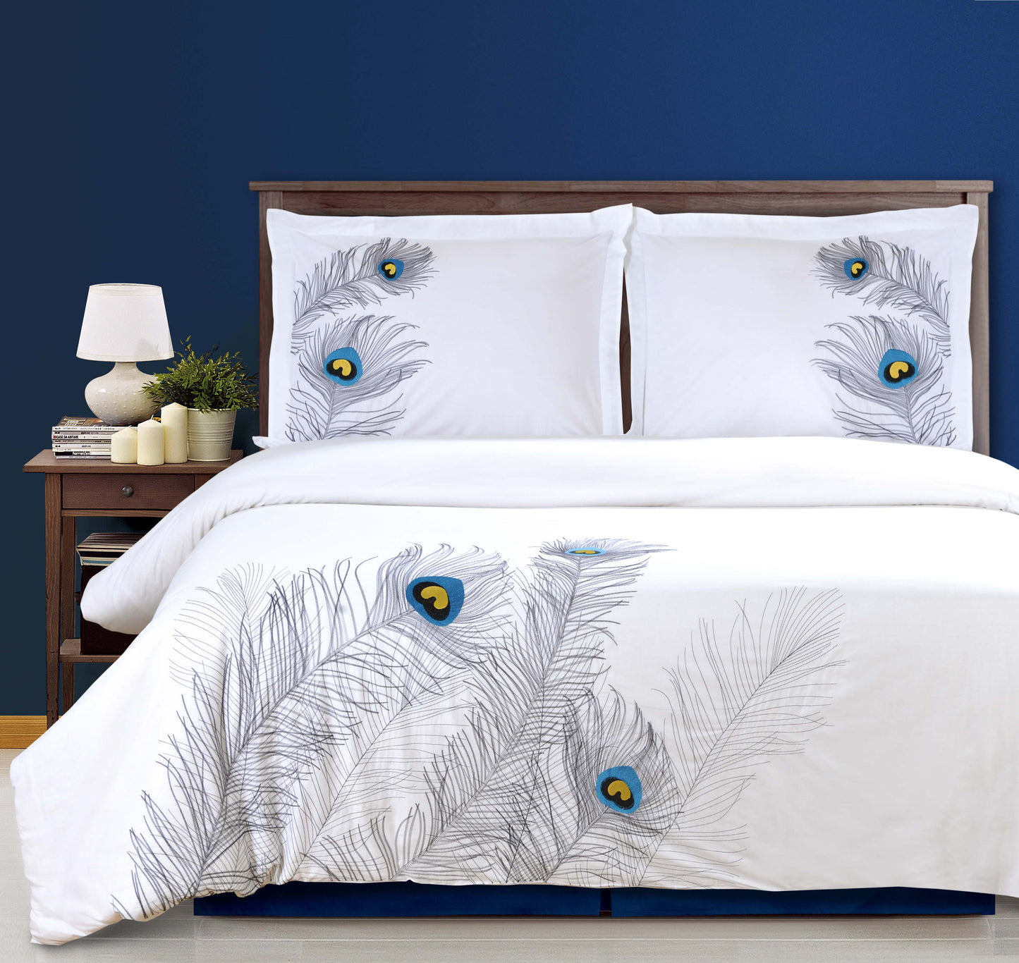 Embroidered Peacock Cotton Duvet Cover Set - Silver