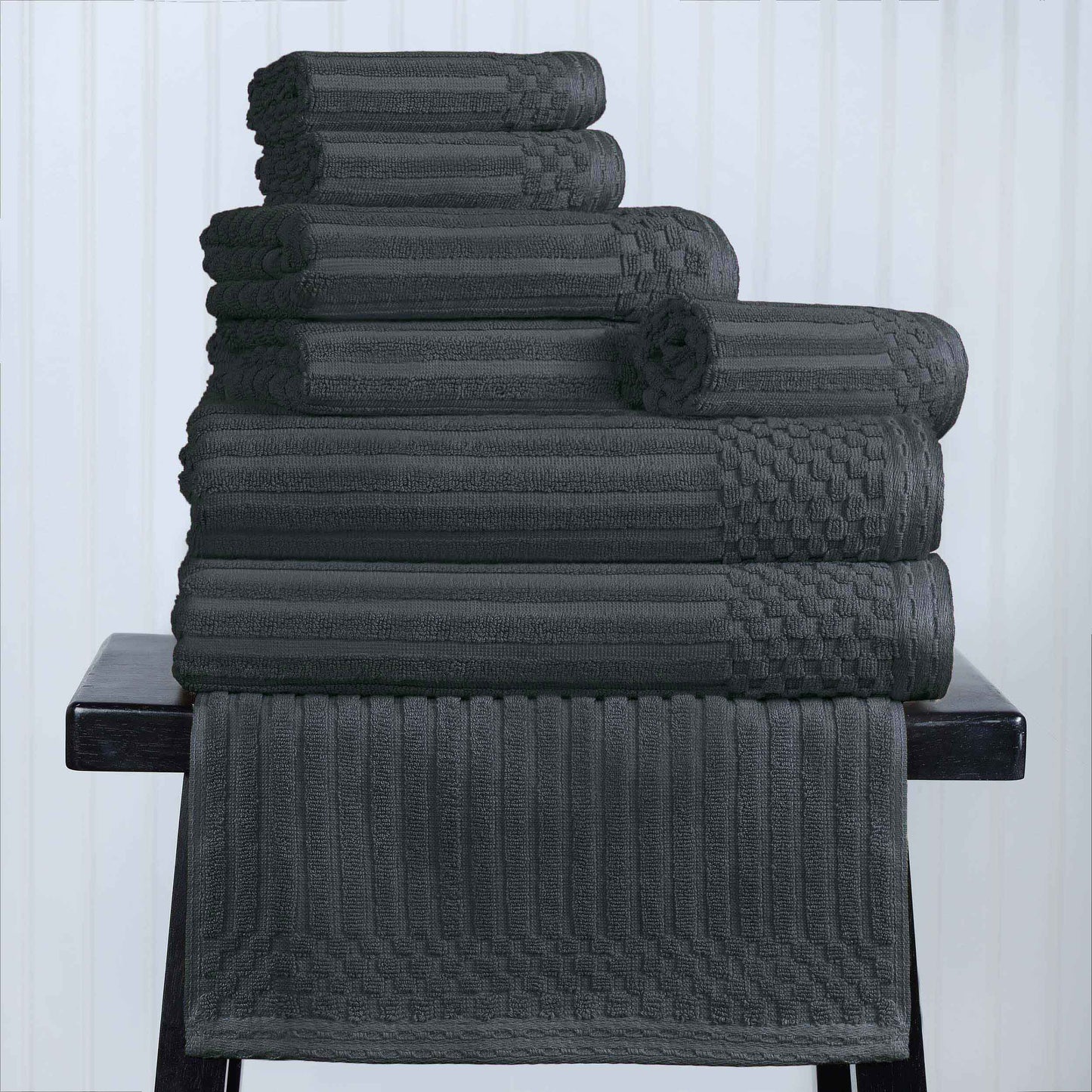 Ribbed Textured Cotton Medium Weight 8 Piece Towel Set - Pine