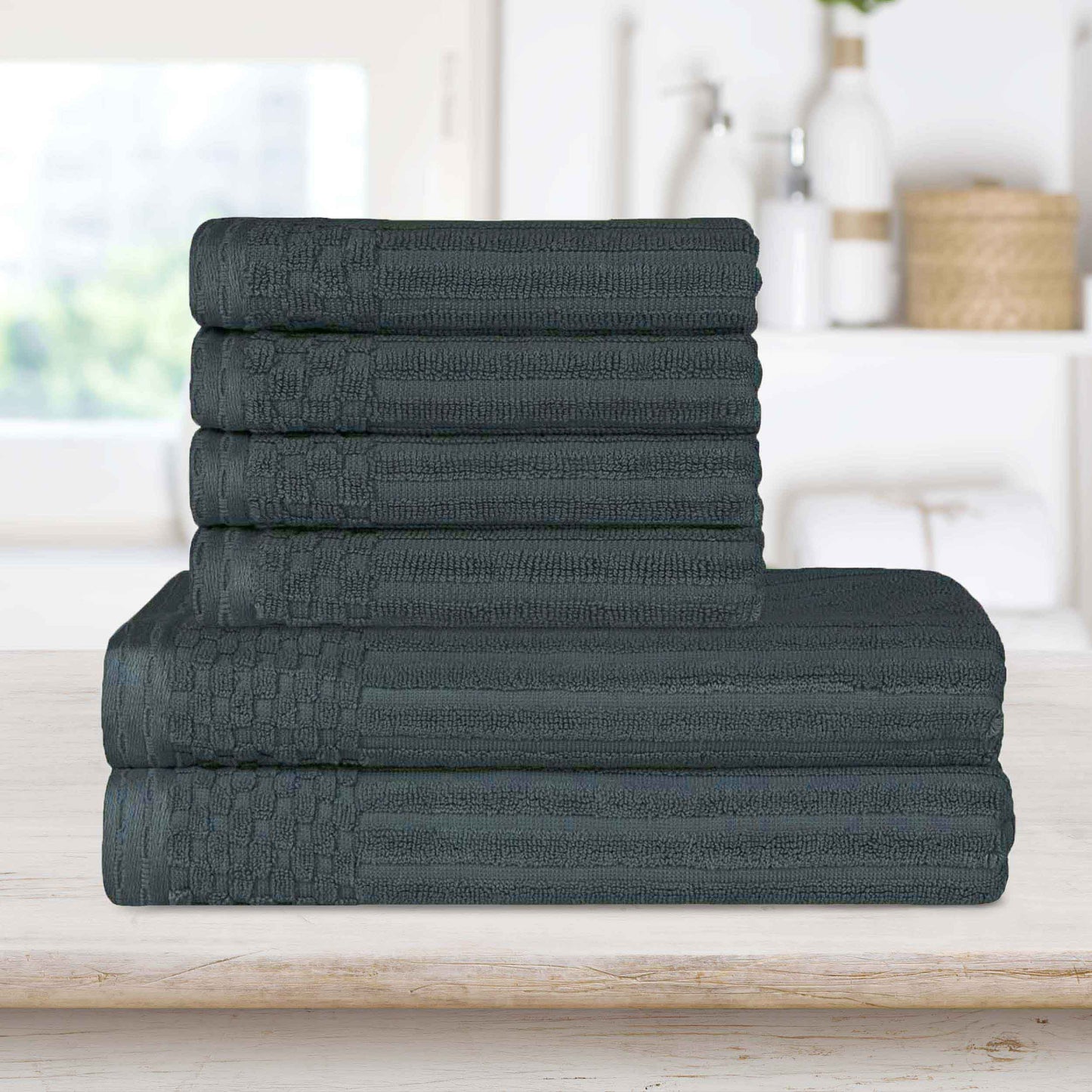 Superior Soho Ribbed Textured Cotton Ultra-Absorbent Hand and Bath Towel Set - Pine