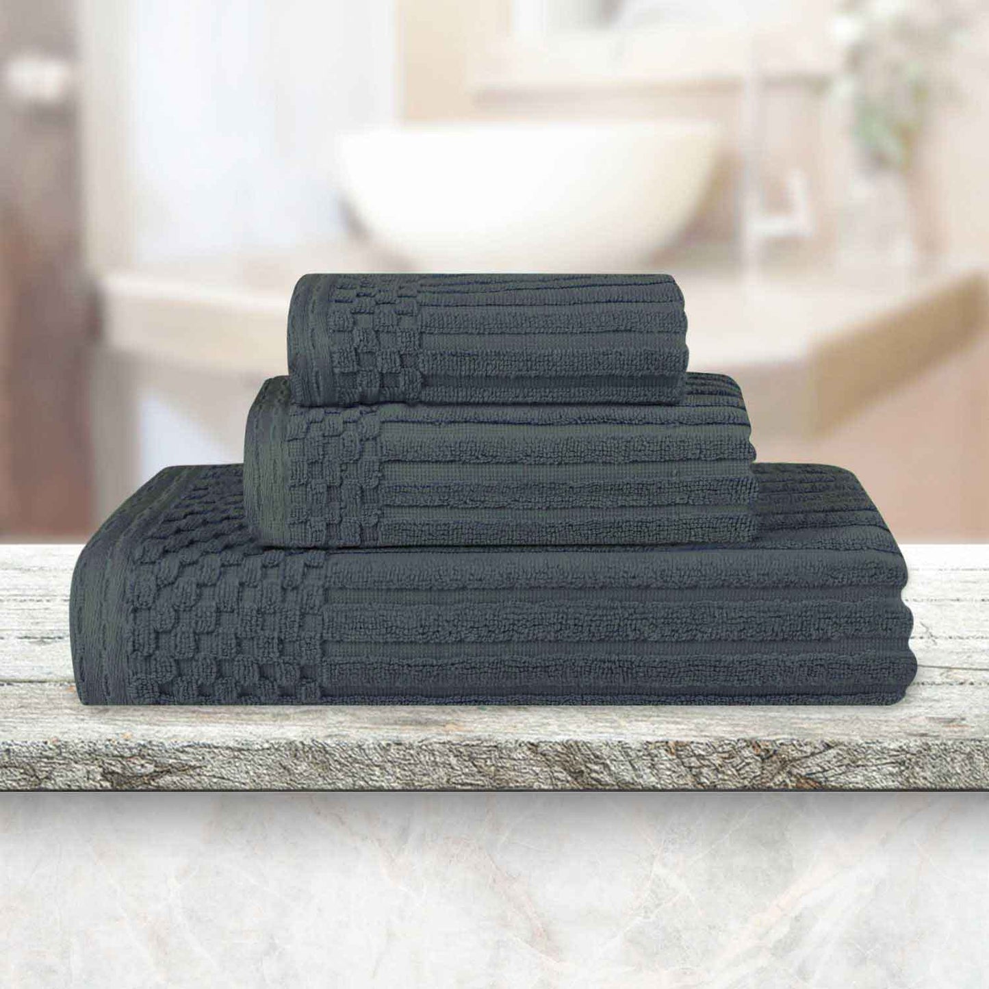 Soho Ribbed Cotton Absorbent 3 Piece Assorted Towel Set - Pine