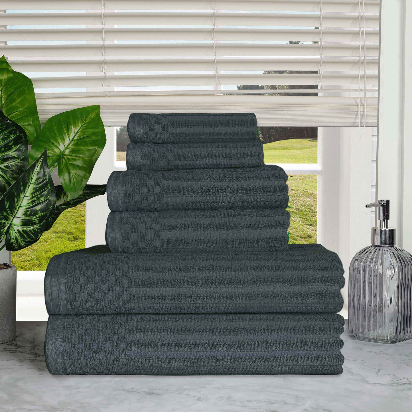 Ribbed Textured Cotton Medium Weight 6 Piece Towel Set - Pine