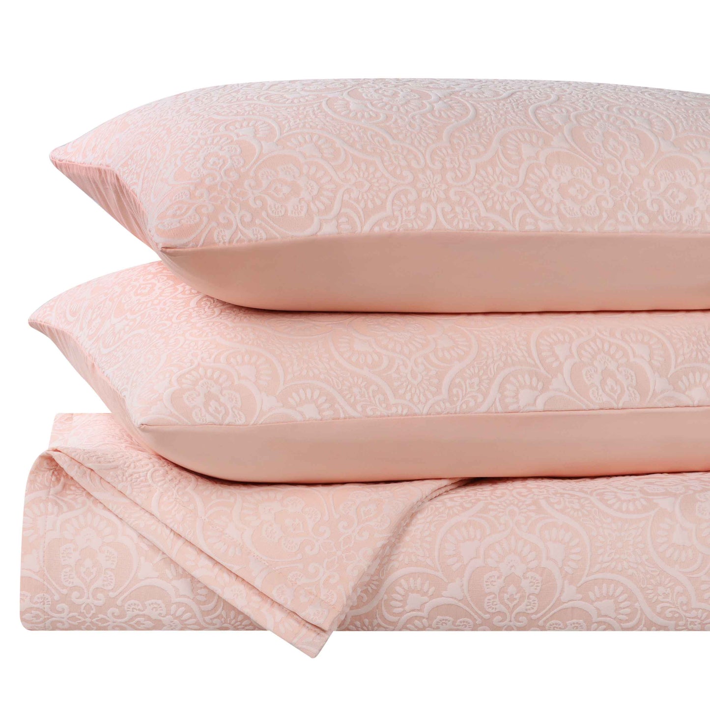 Enzy Medium Weight Floral Matelasse 3 Piece Bedspread Pillow Sham Set - Pink