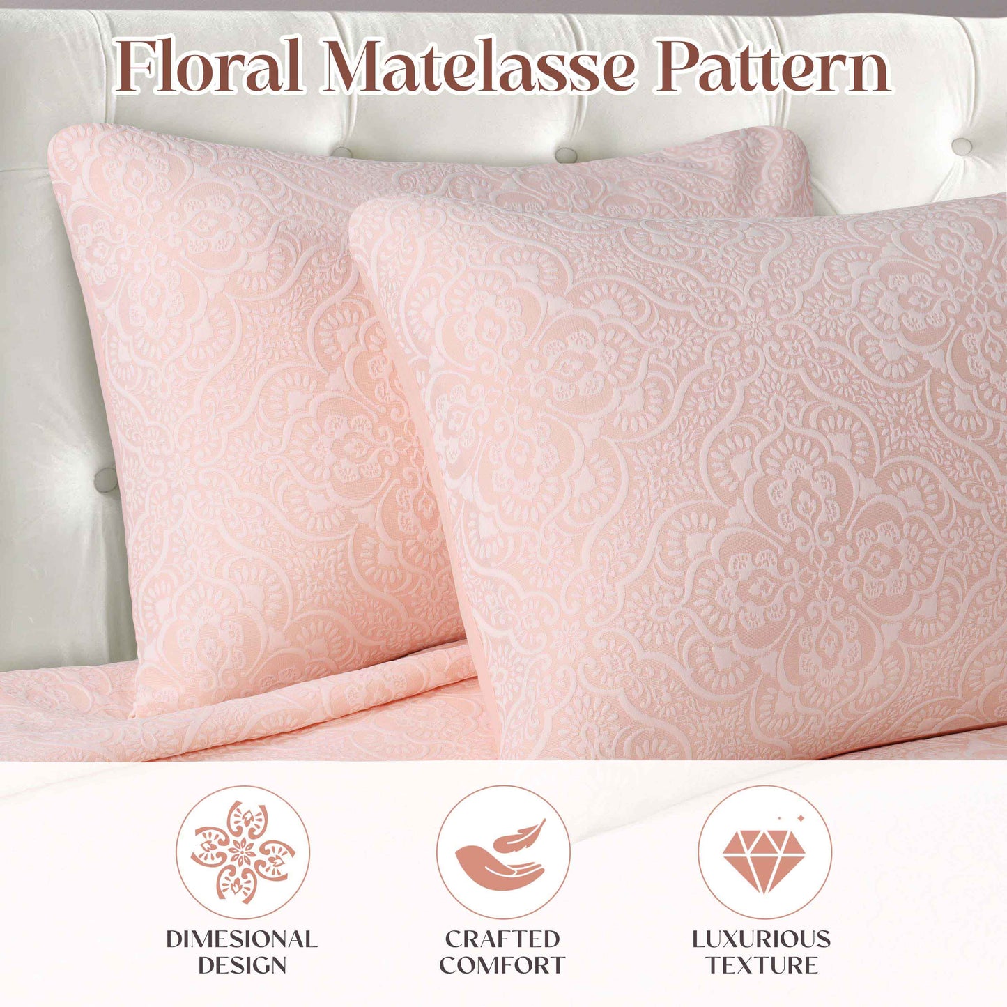 Enzy Medium Weight Floral Matelasse 3 Piece Bedspread Pillow Sham Set - Pink