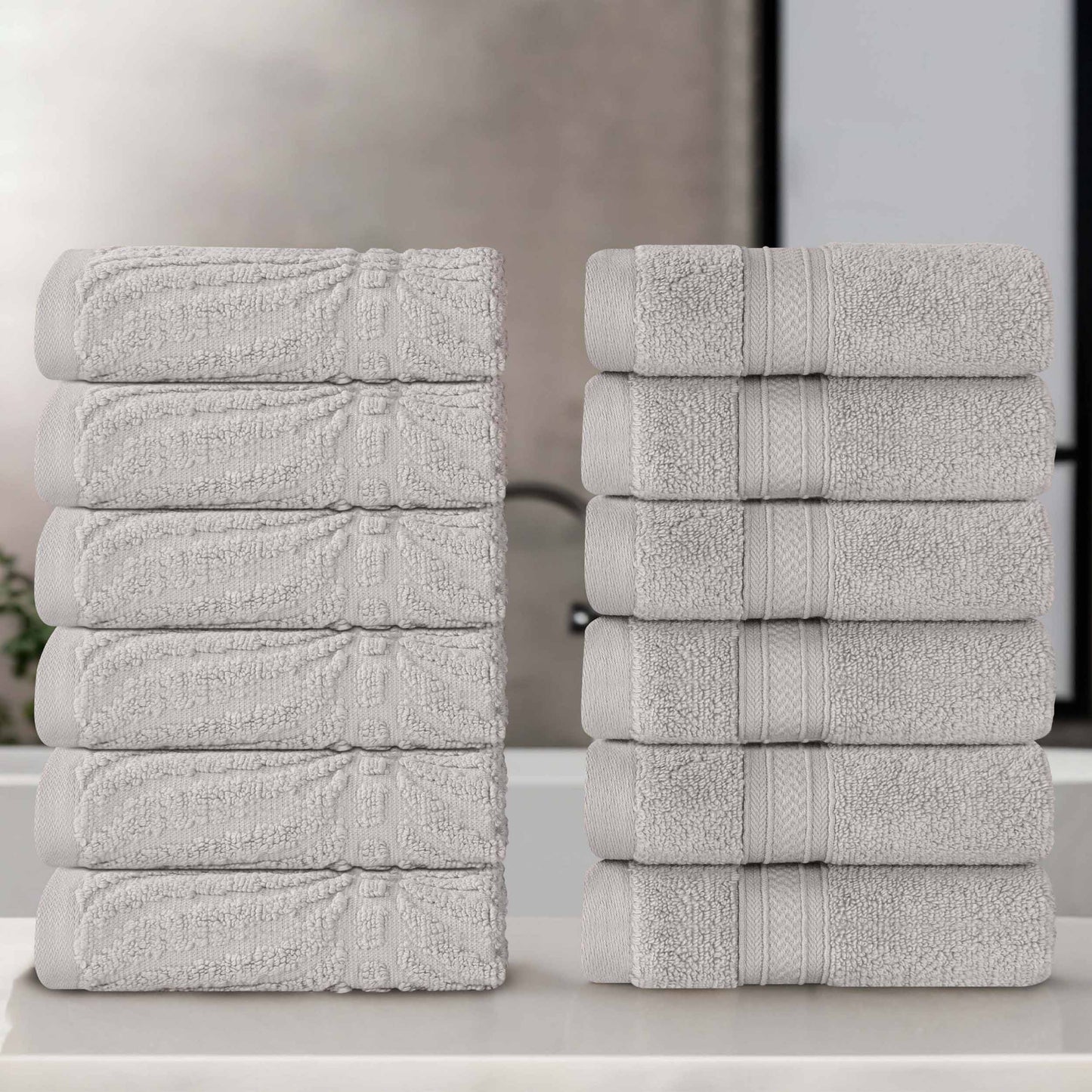 Chevron Zero Twist Solid and Jacquard Soft Cotton Washcloth Set of 12 - Platinum