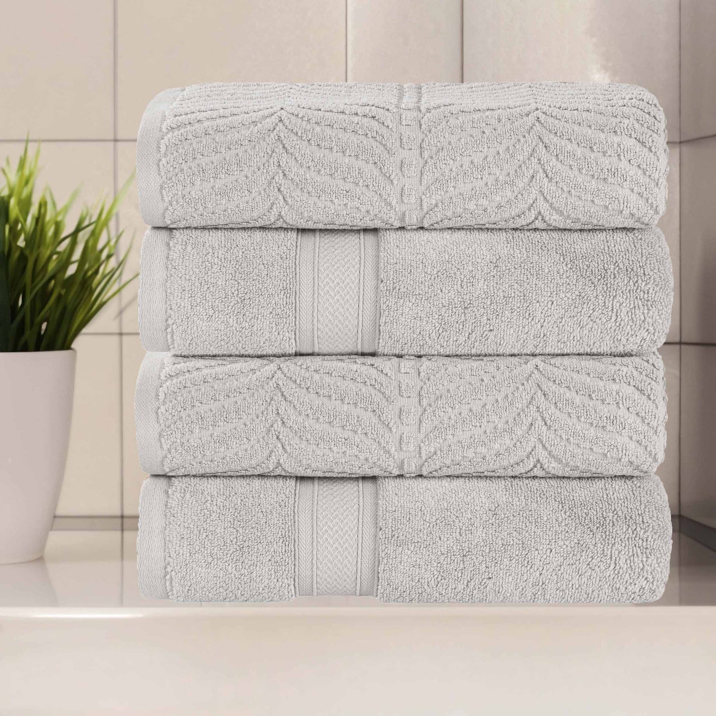 Chevron Zero Twist Solid and Jacquard Soft Cotton Hand Towel Set of 6 - Platinum