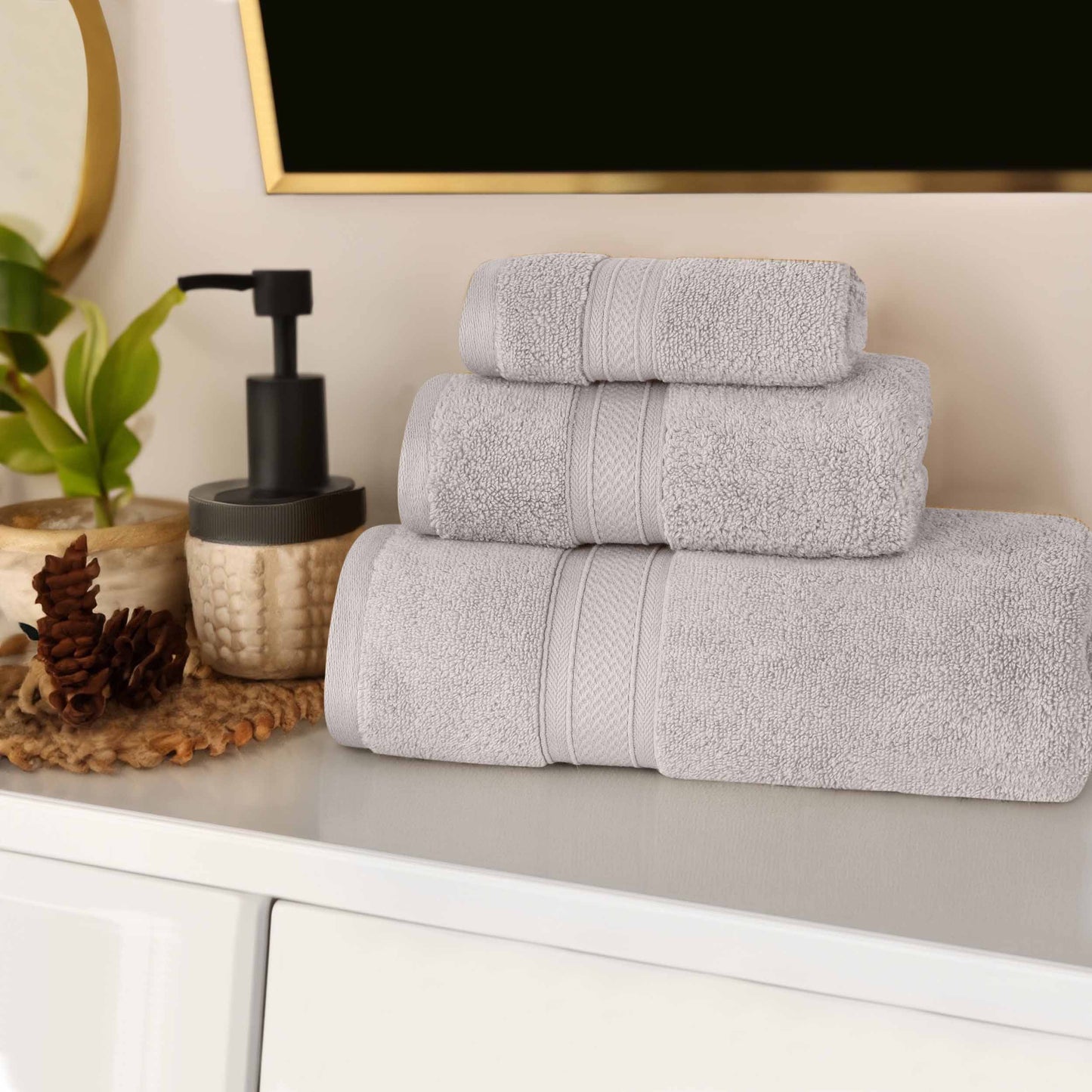 Chevron Zero Twist Solid Soft Absorbent Cotton 3 Piece Towel Set - Platinum