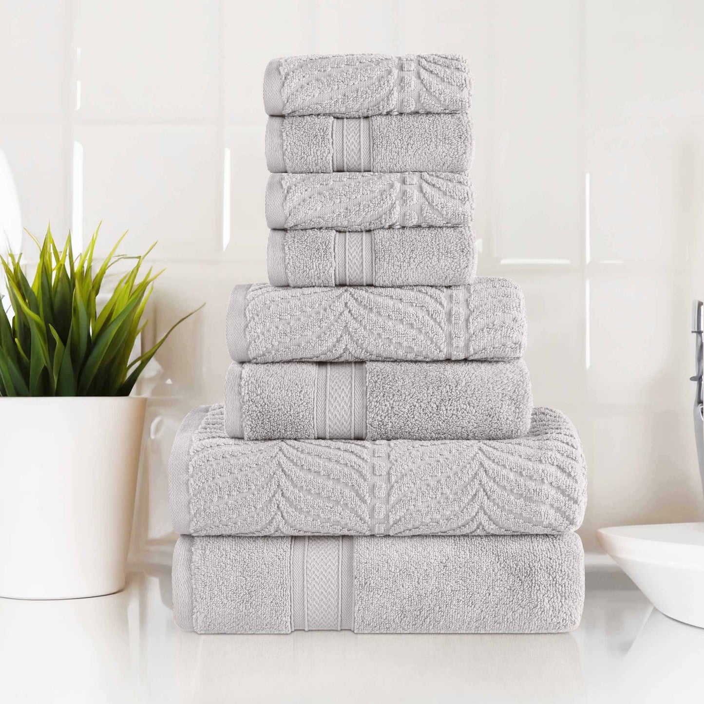 Chevron Zero Twist Solid and Jacquard Cotton 8 Piece Towel Set - Platinum