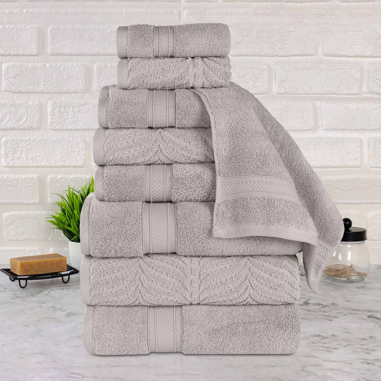 Chevron Zero Twist Solid and Jacquard Cotton 9 Piece Towel Set - Platinum