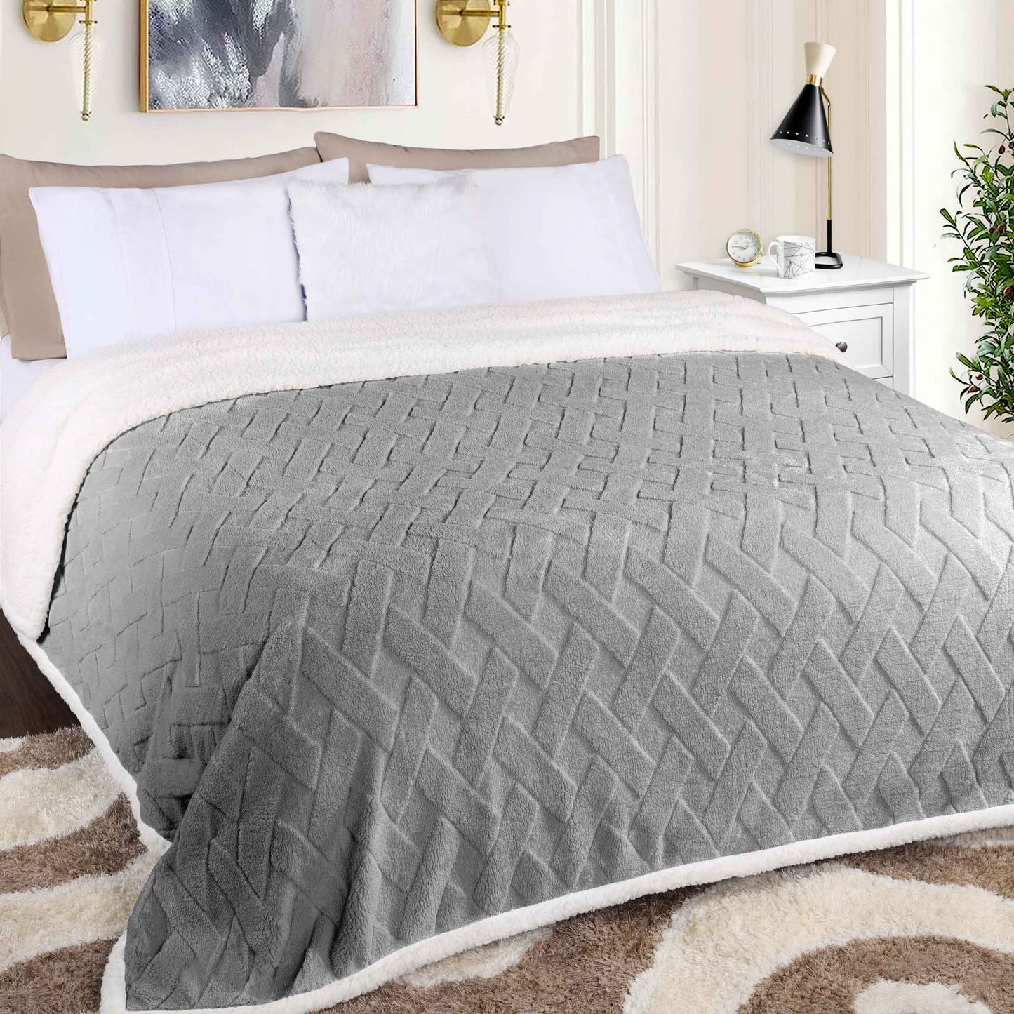 Nuuk Jacquard Lattice Fleece Plush Fluffy Sherpa Reversible Blanket - Platinum