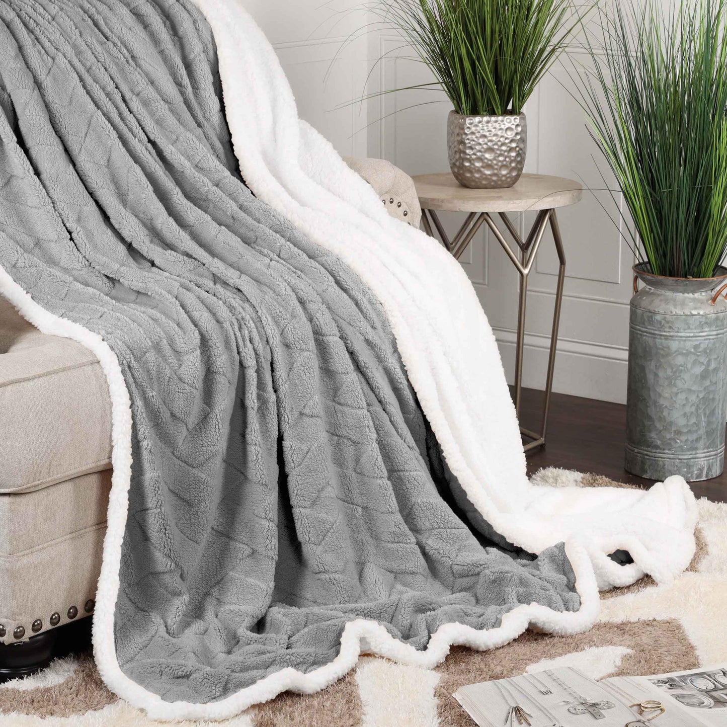 Nuuk Jacquard Lattice Fleece Plush Fluffy Sherpa Reversible Blanket - Platinum