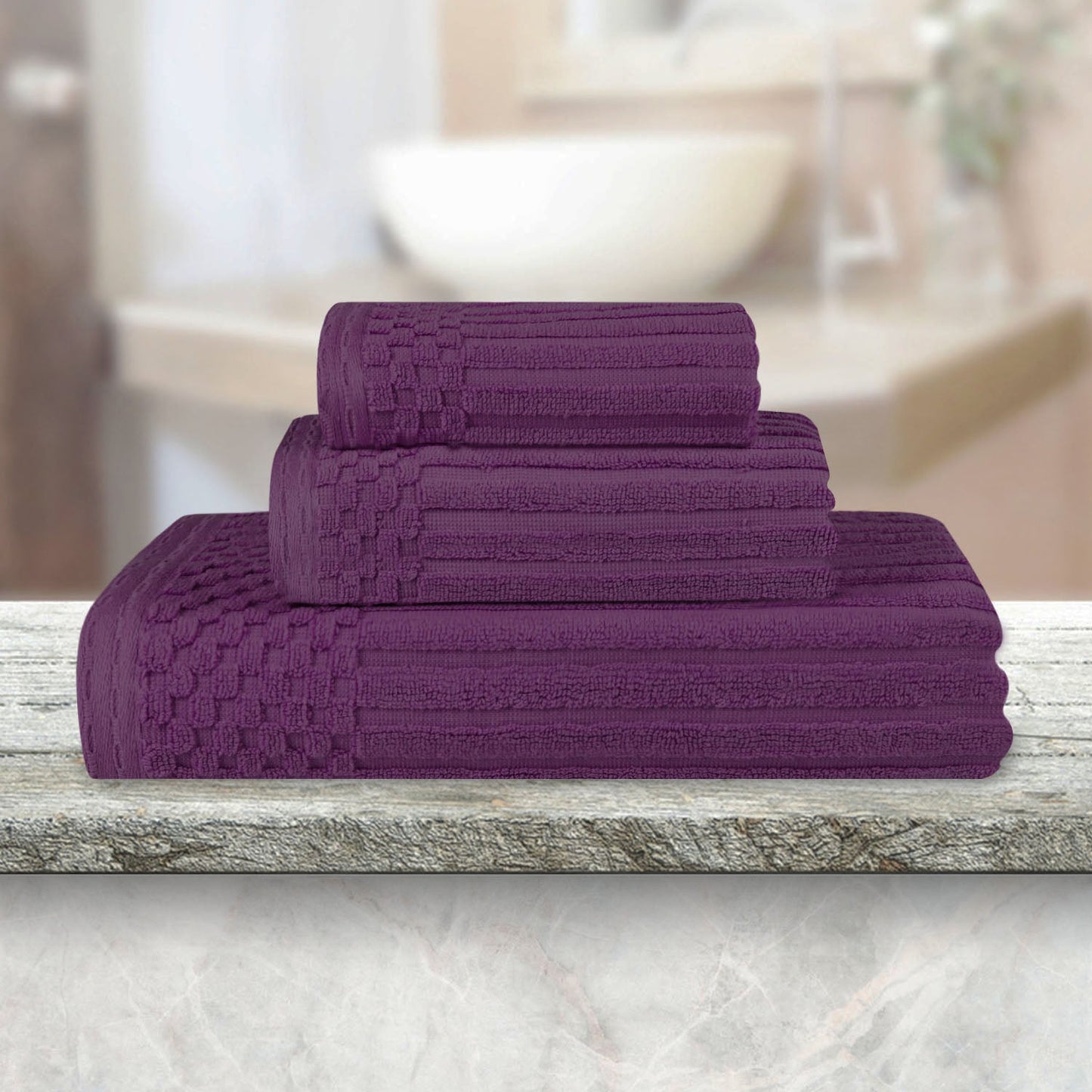 Soho Ribbed Cotton Absorbent 3 Piece Assorted Towel Set - Plum