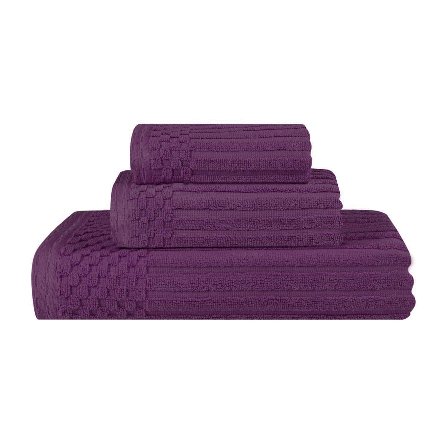Soho Ribbed Cotton Absorbent 3 Piece Assorted Towel Set - Plum