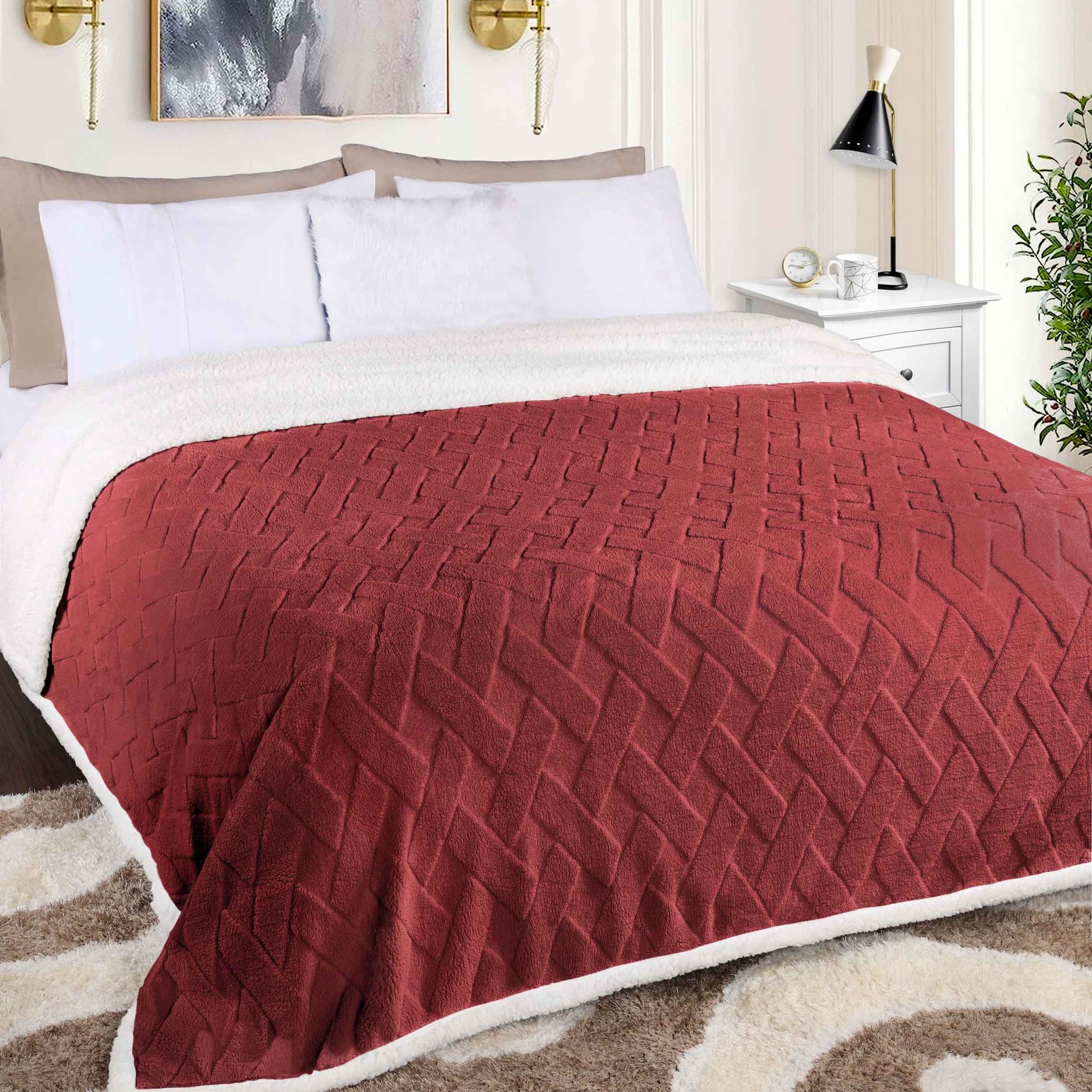 Nuuk Jacquard Lattice Fleece Plush Fluffy Sherpa Reversible Blanket - PoppyRed