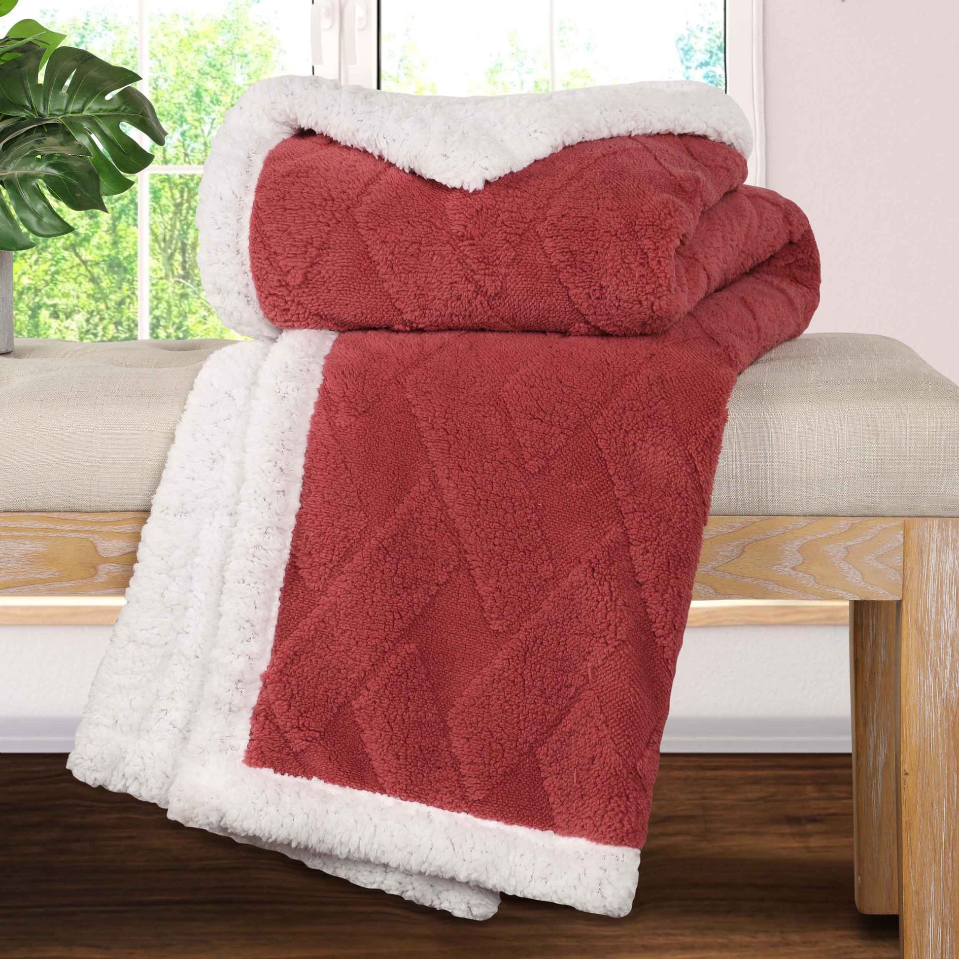 Nuuk Jacquard Lattice Fleece Plush Fluffy Sherpa Reversible Blanket - PoppyRed
