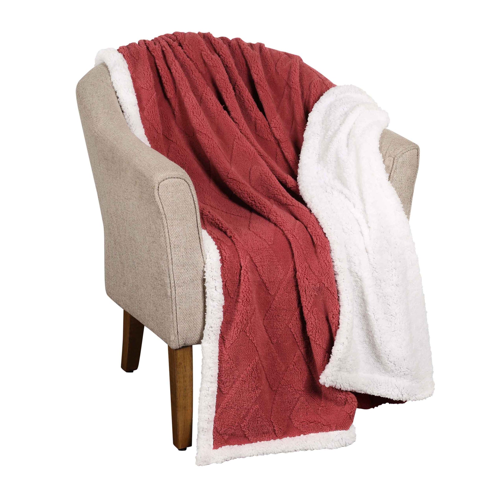 Nuuk Jacquard Lattice Fleece Plush Fluffy Sherpa Reversible Blanket - PoppyRed