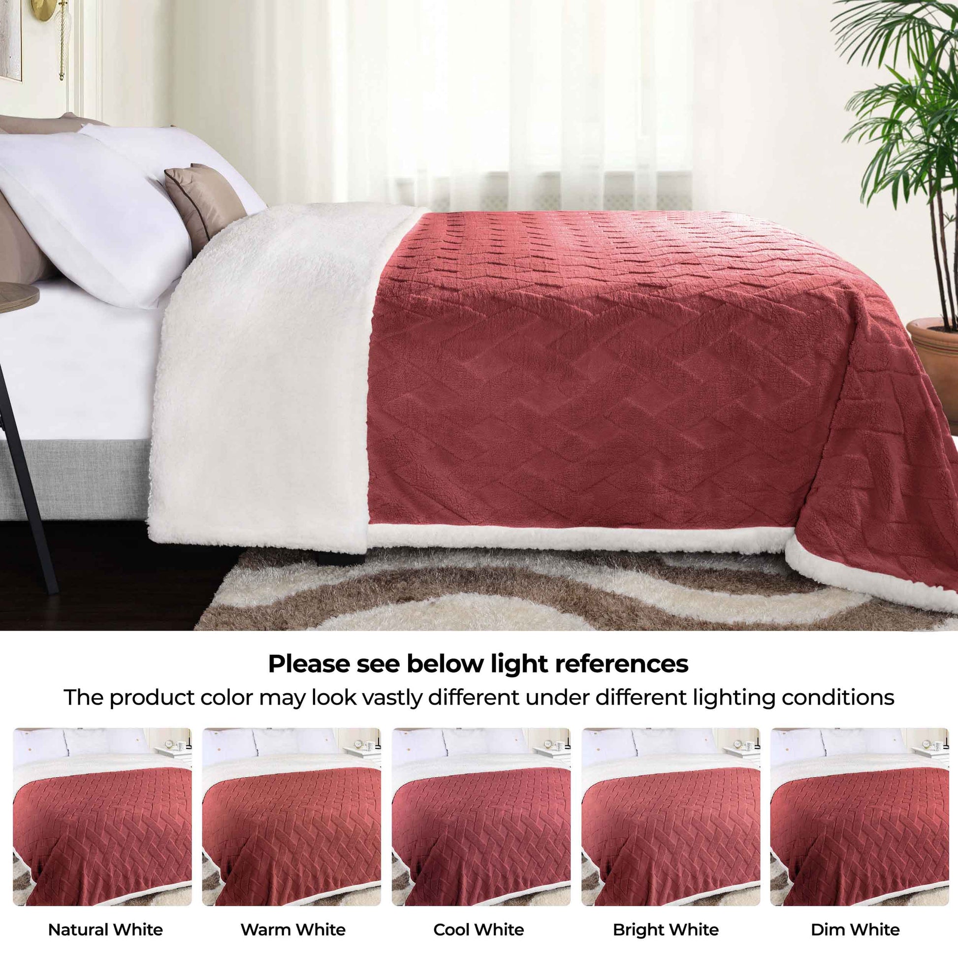 Nuuk Jacquard Lattice Fleece Plush Fluffy Sherpa Reversible Blanket - PoppyRed