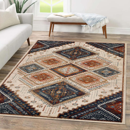 Geometric Medallion Design Indoor Rug or Runner - White Blue