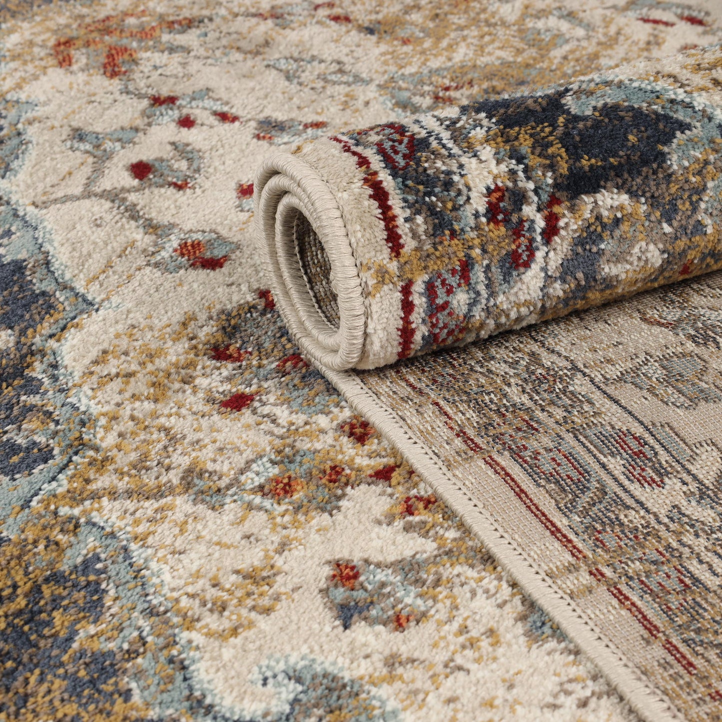 Superior Abena Traditional Medallion Indoor Area Rug or Runner - Blue-Cream