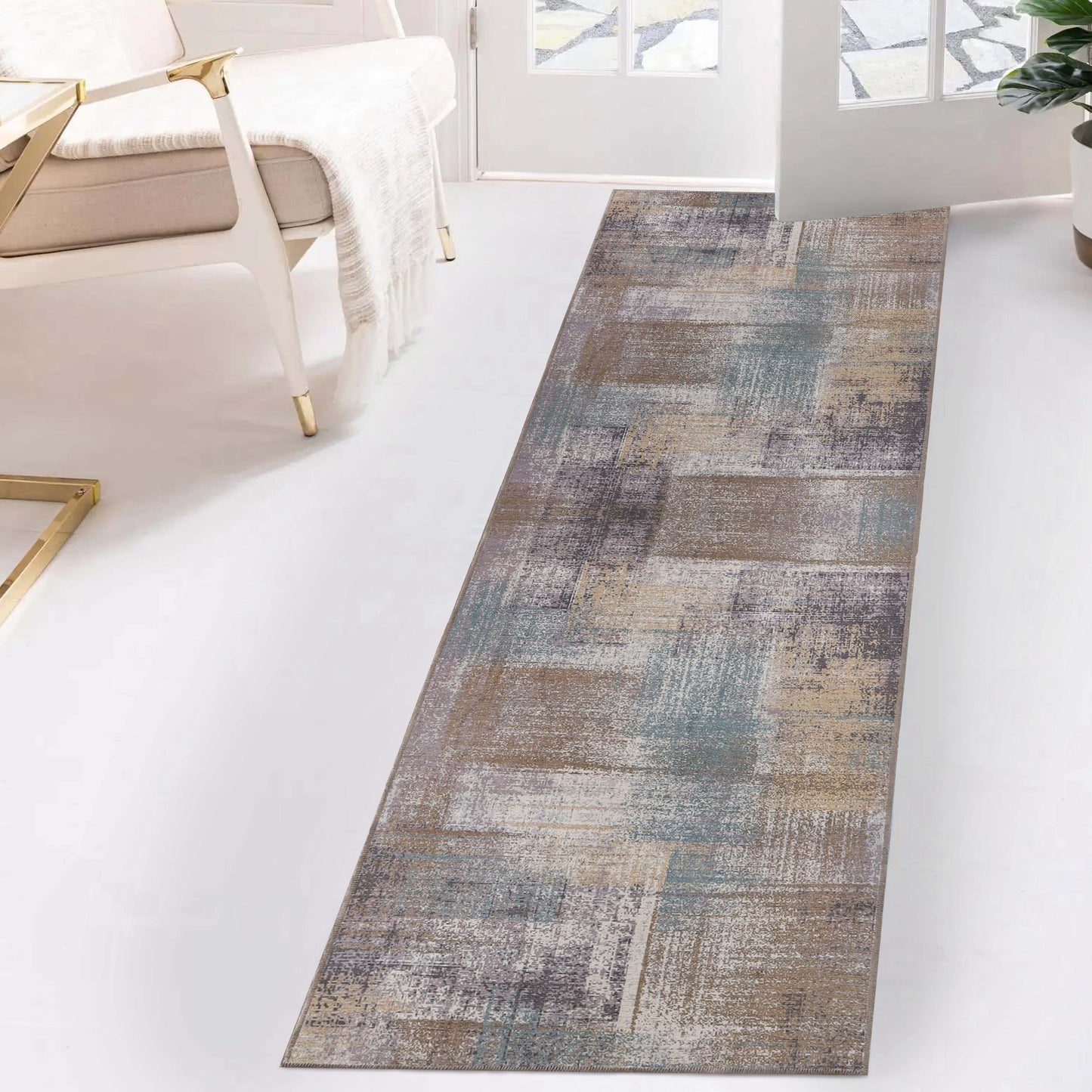 Ara Brushed Patchwork Non-Slip Washable Indoor Area Rug or Runner - Taupe