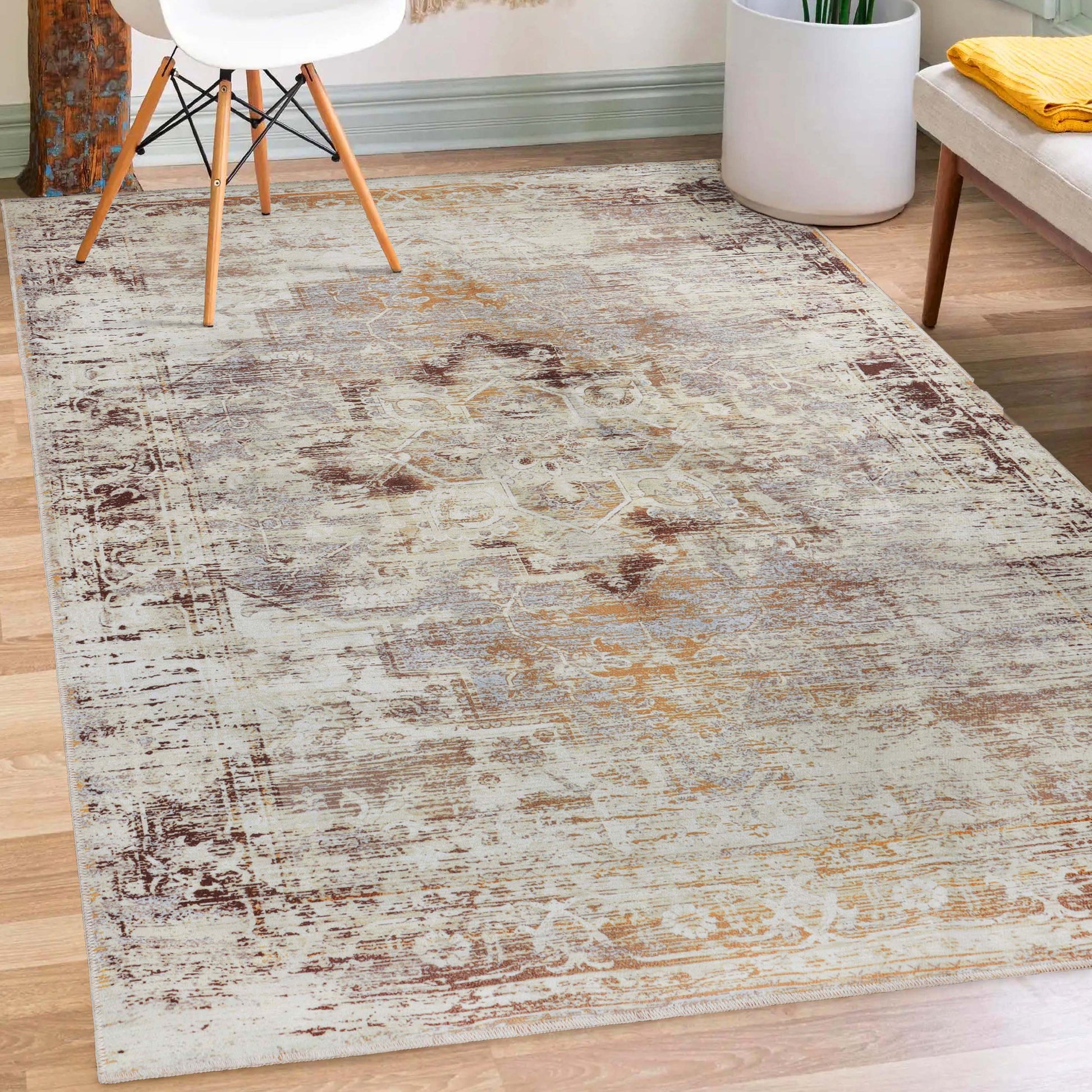 Dove Faded Medallion Machine Washable Indoor Area Rug or Runner Rug