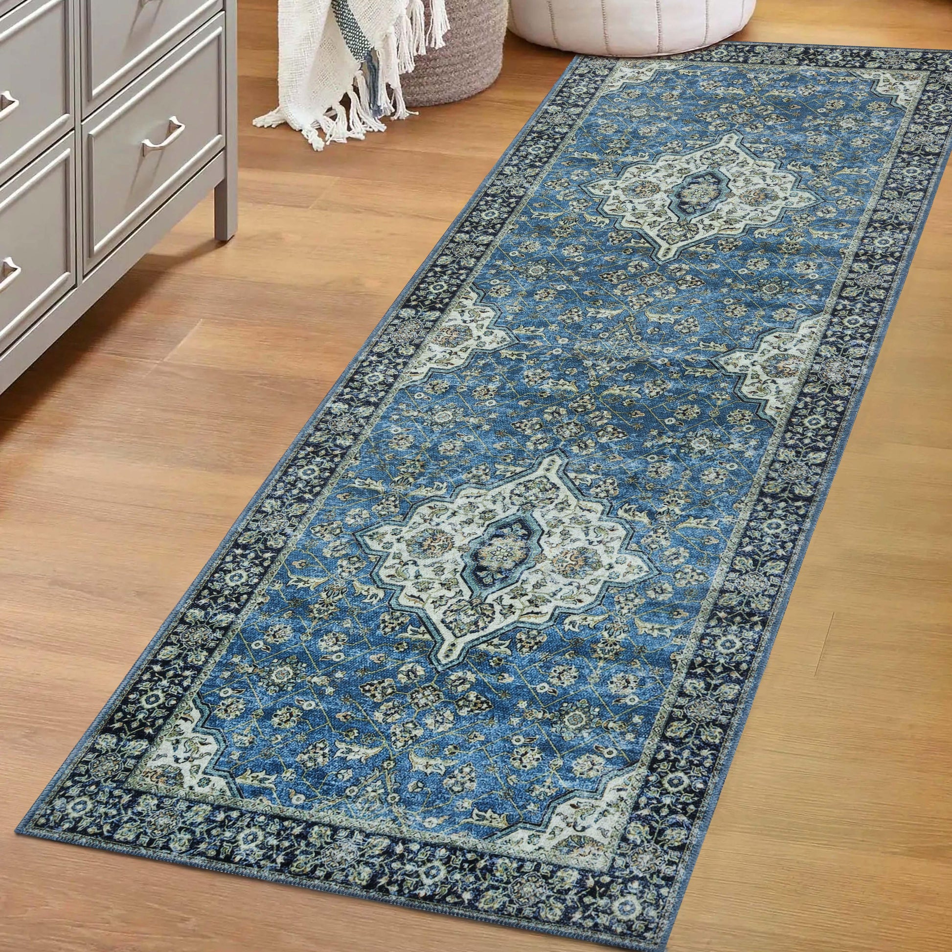 Classic Damask Medallion Border Washable Indoor Area Rug or Runner