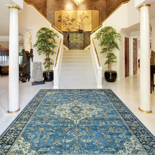 Classic Damask Medallion Border Washable Indoor Area Rug or Runner
