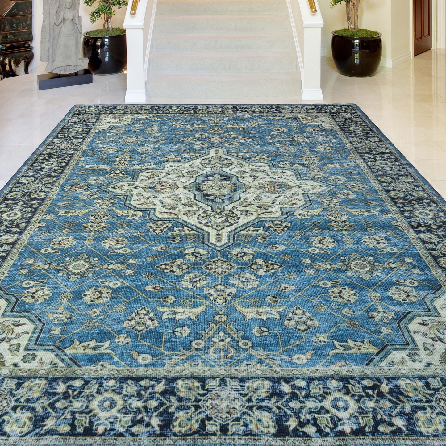 Classic Damask Medallion Border Washable Indoor Area Rug or Runner
