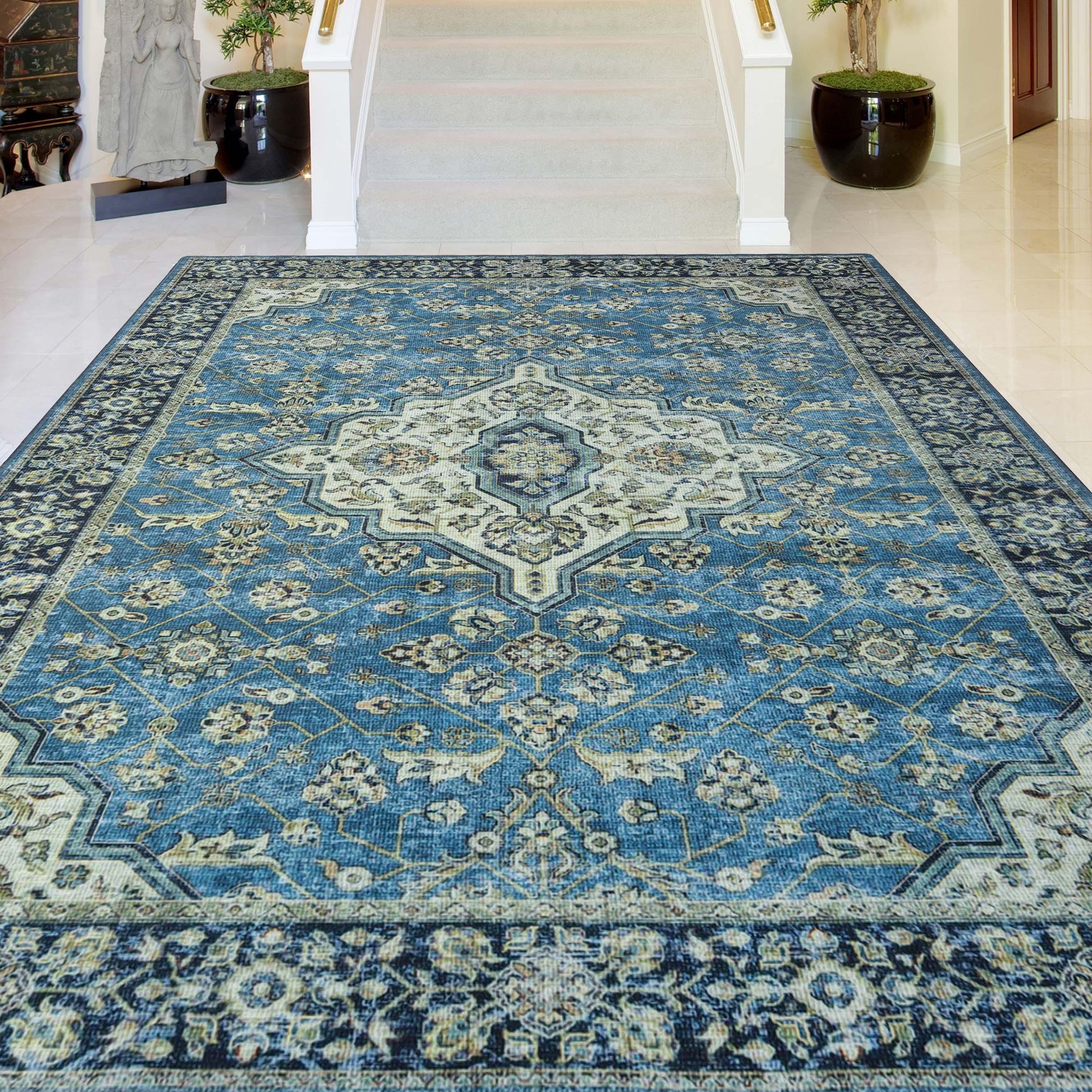Classic Damask Medallion Border Washable Indoor Area Rug or Runner