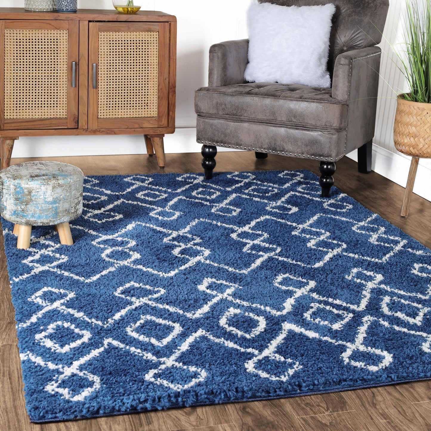 Superior Boho Geometric Diamonds Indoor Plush Shag Area Rug - Cream-Blue