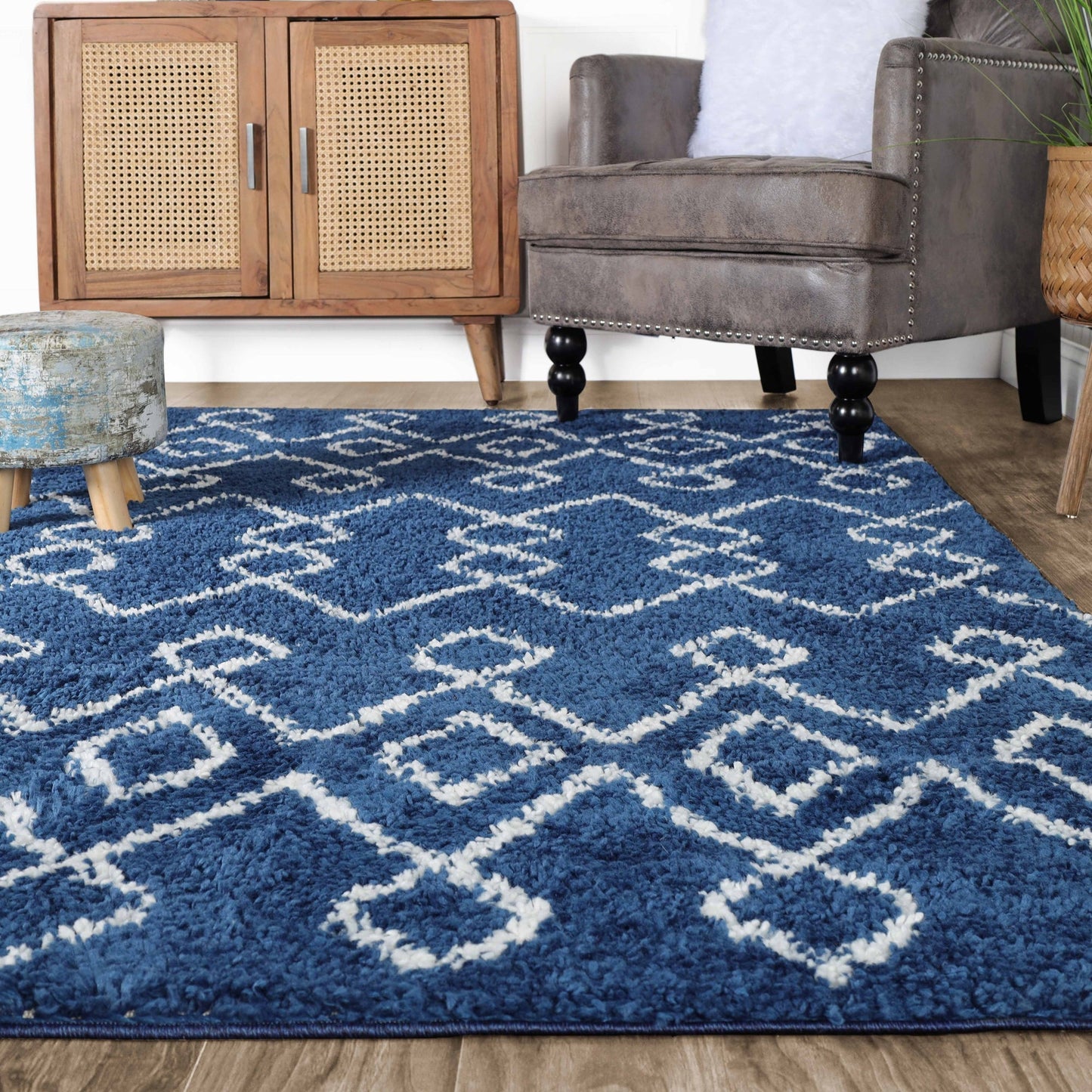 Superior Boho Geometric Diamonds Indoor Plush Shag Area Rug - Cream-Blue