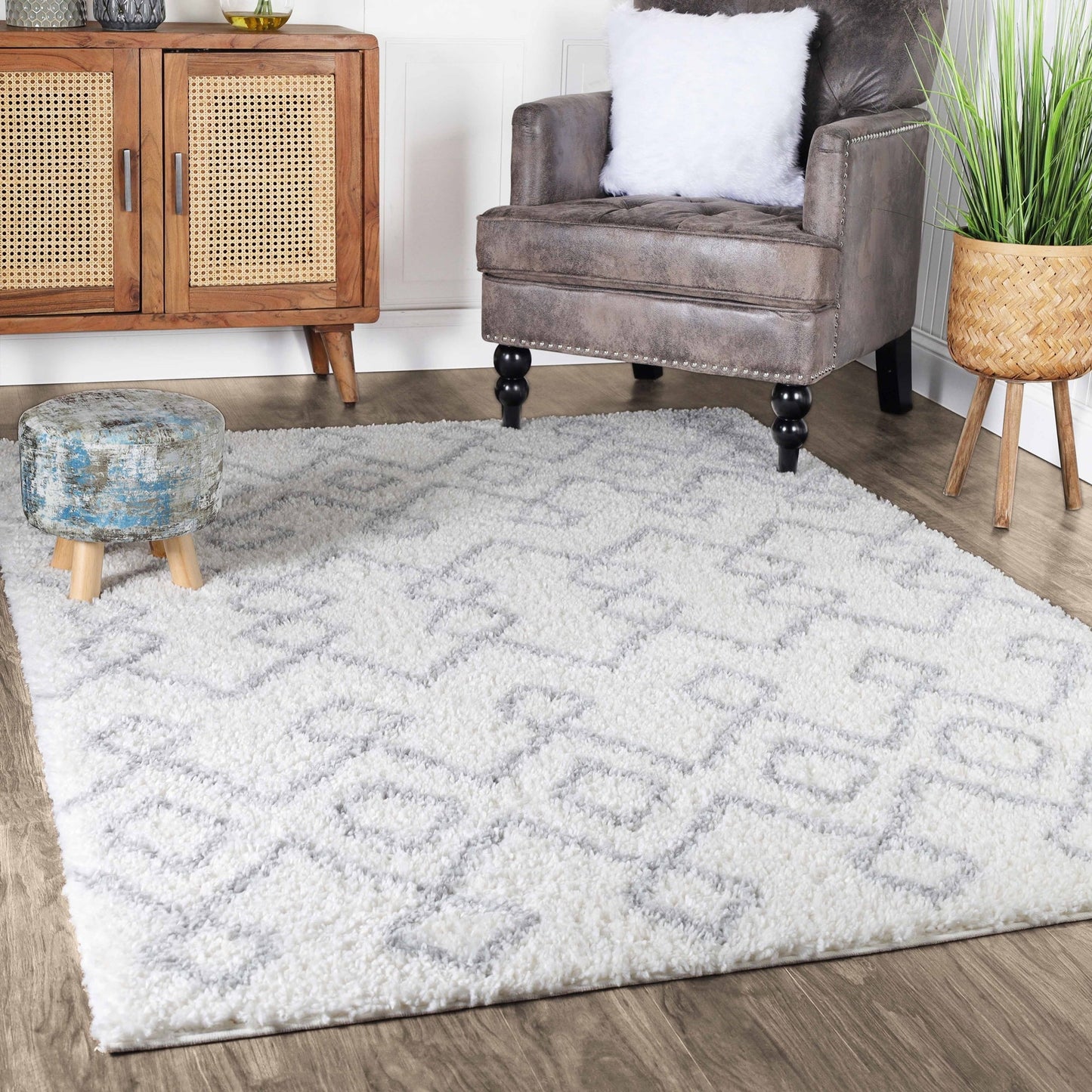 Superior Boho Geometric Diamonds Indoor Plush Shag Area Rug - Grey-Cream
