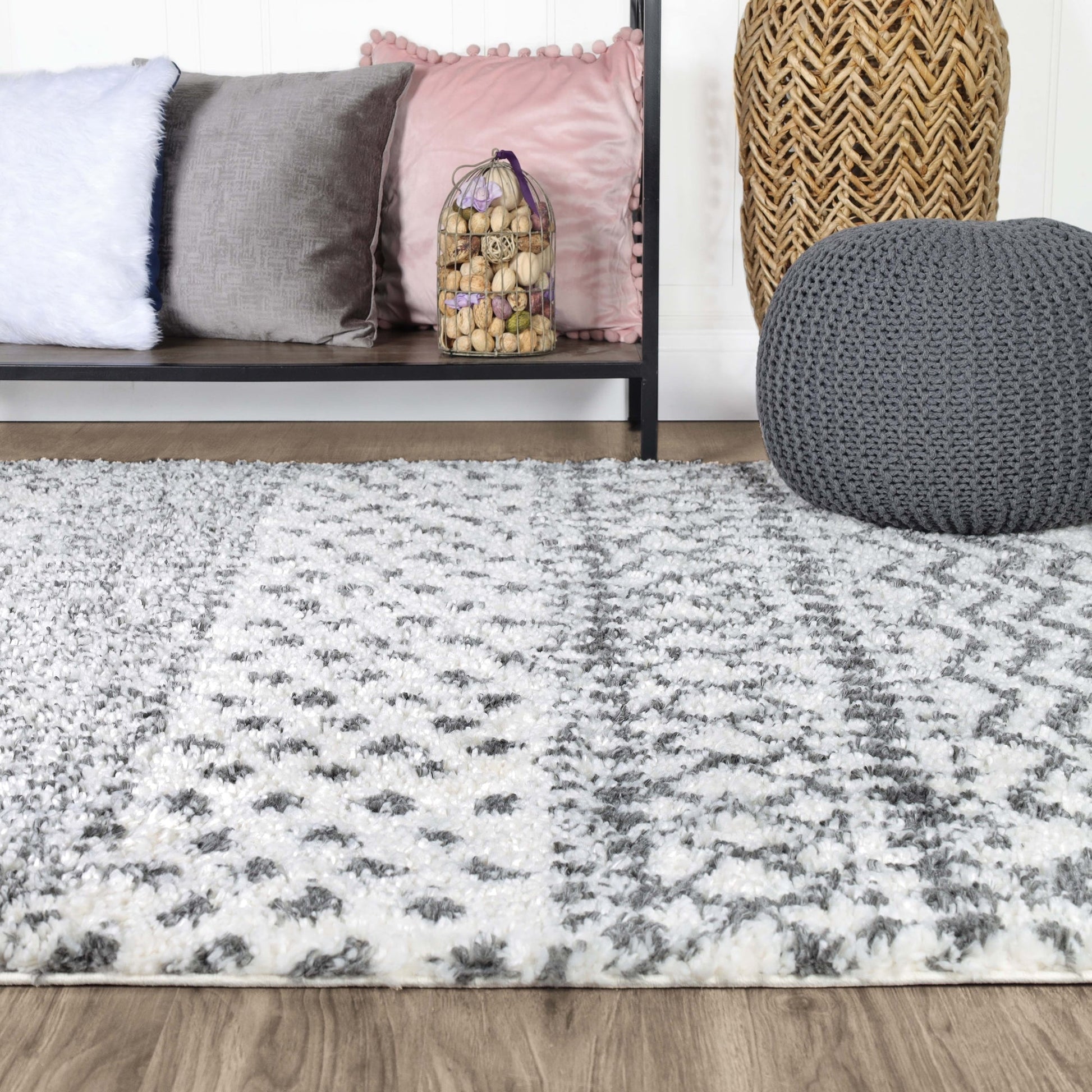 Superior Boho Geometric Indoor Plush Shag Area Rug - Grey-Cream