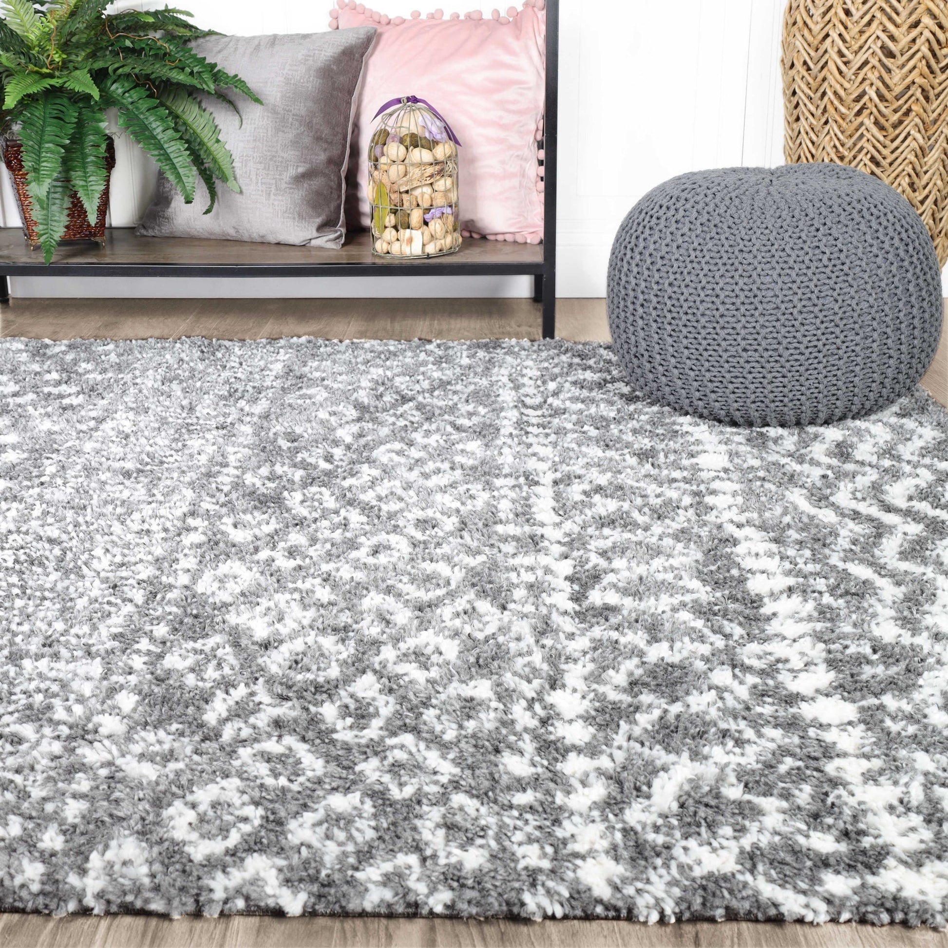 Superior Boho Geometric Indoor Plush Shag Area Rug - Grey-Cream