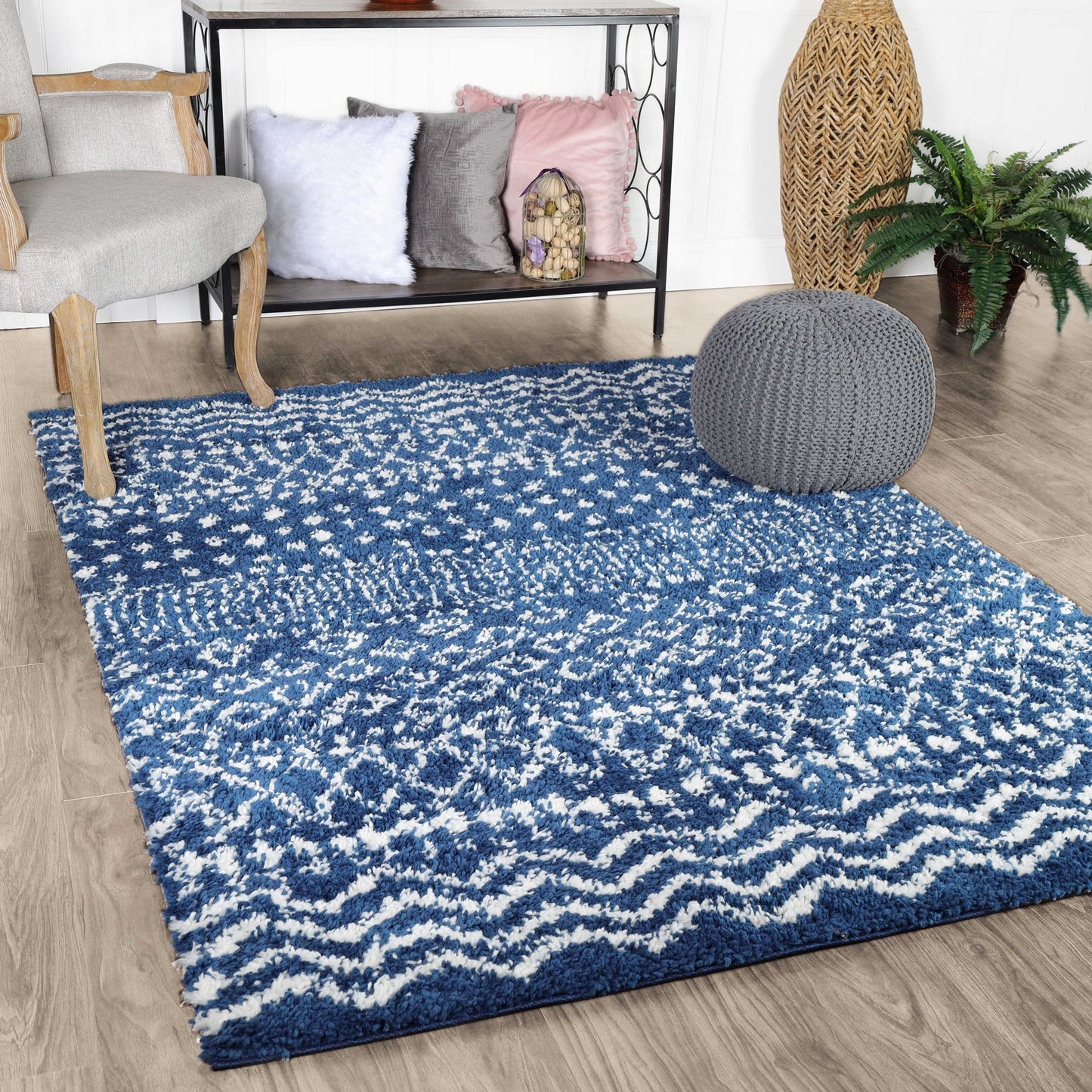 Superior Boho Geometric Indoor Plush Shag Area Rug - Cream-Blue