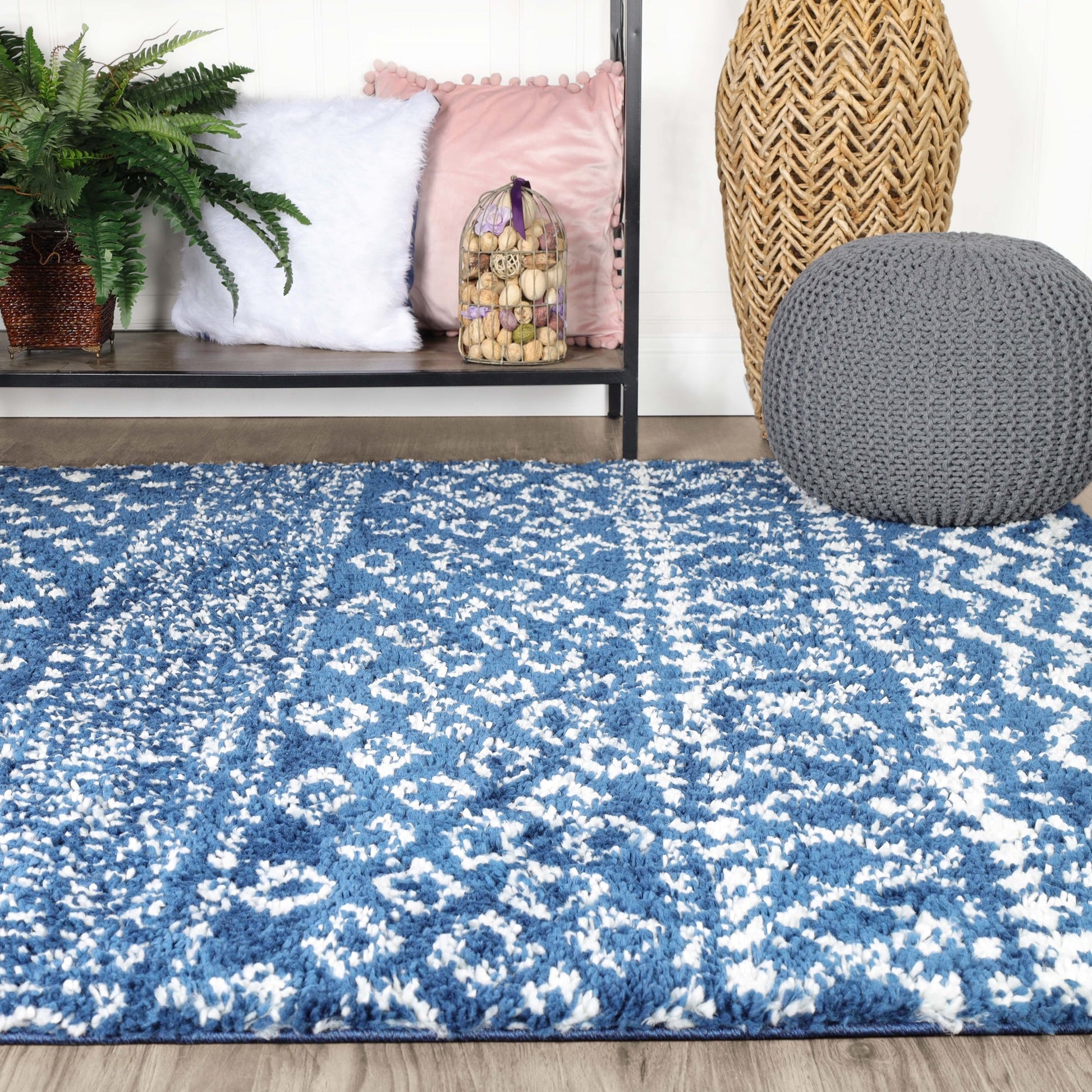 Superior Boho Geometric Indoor Plush Shag Area Rug - Cream-Blue