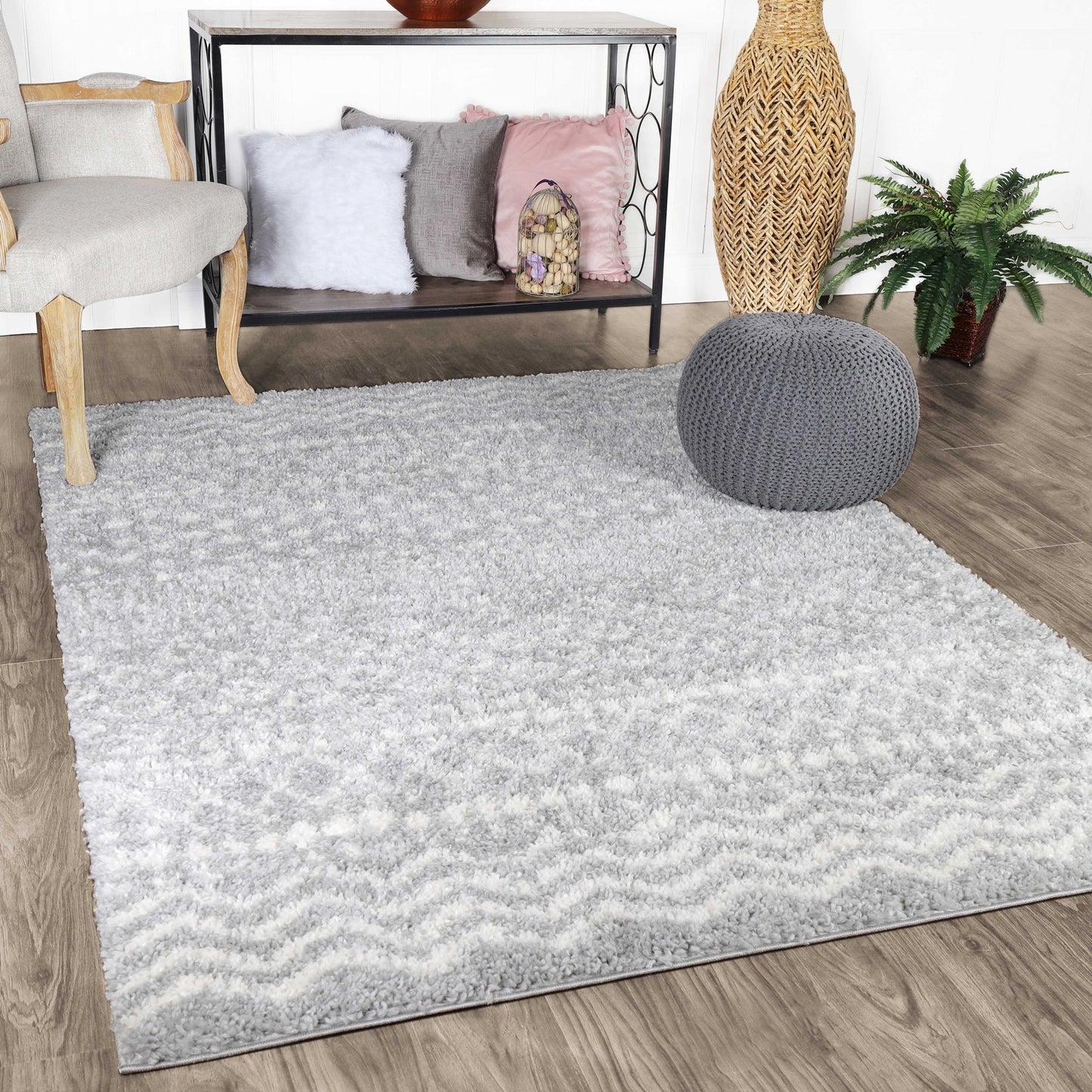 Superior Boho Geometric Indoor Plush Shag Area Rug - Cream-Grey