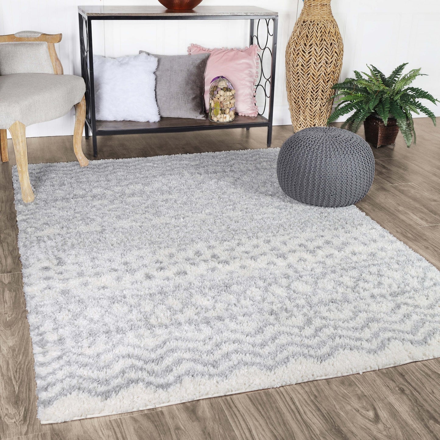Superior Boho Geometric Indoor Plush Shag Area Rug - Cream-Grey