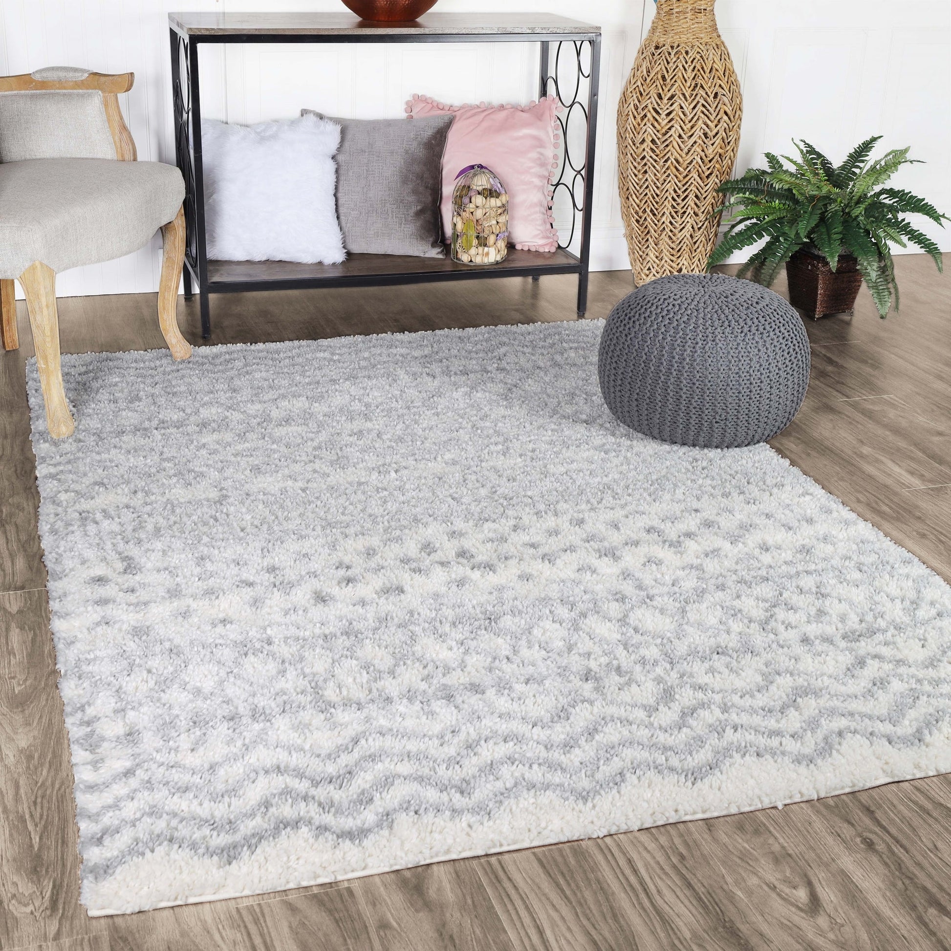 Superior Boho Geometric Indoor Plush Shag Area Rug - Cream-Grey