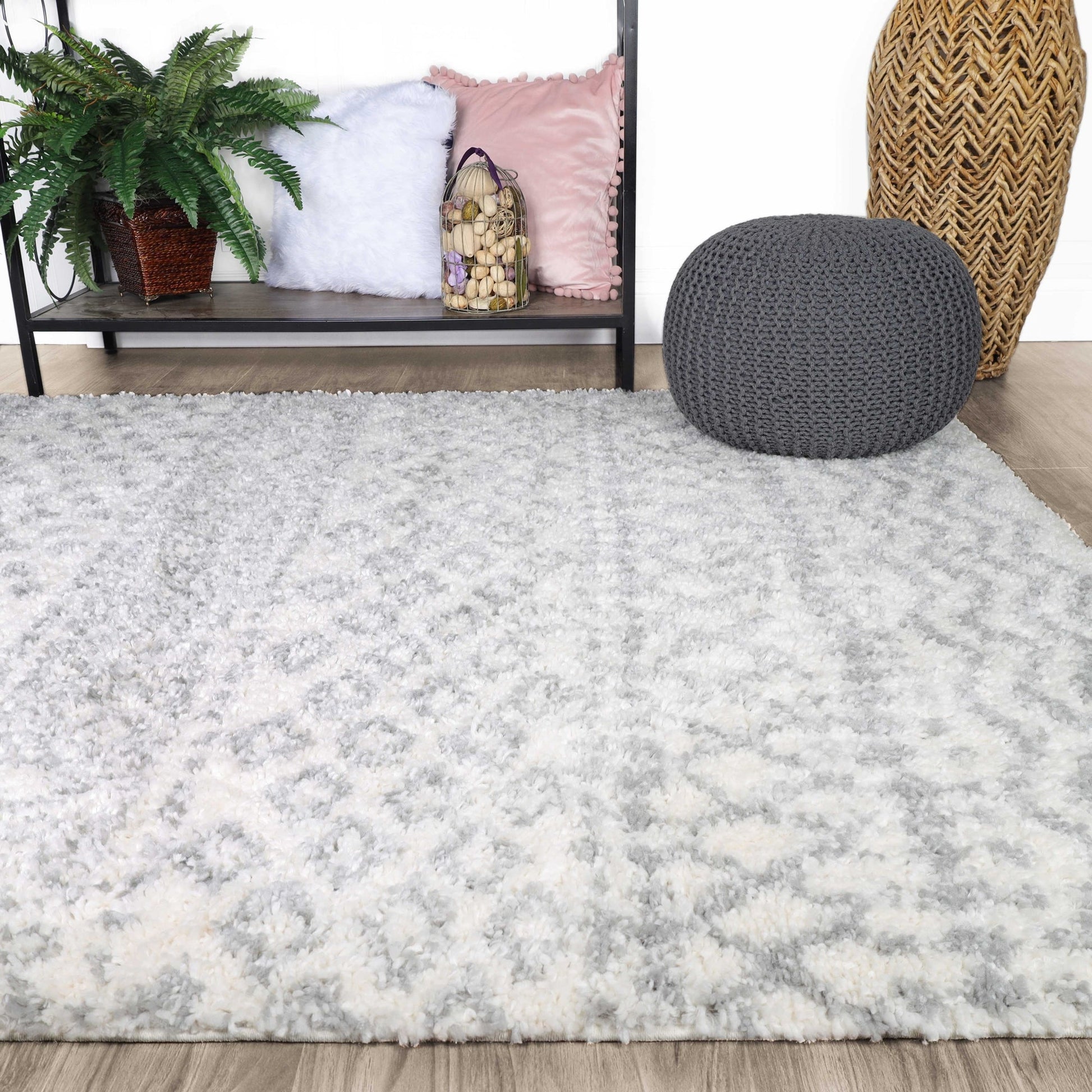Superior Boho Geometric Indoor Plush Shag Area Rug - Grey-Cream