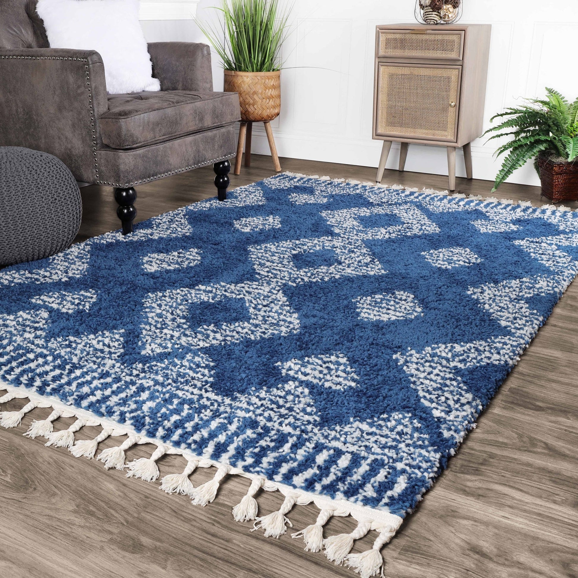 Superior Bohemian Geometric Indoor Plush Shag Area Rug with Tassels - Cream-Blue